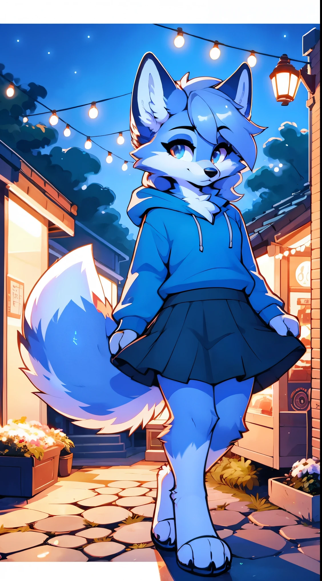 a full body, anthropomorphic blue fox girl wearing a blue hoodie, skirt, fox  face, cute face, glossy fur, big fluffy neckfur, posing for a picture in a hill at night with a city in the distance
