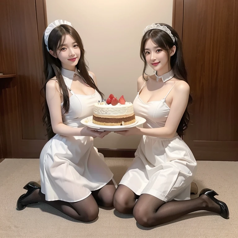 VIP room，Maid kneels down，The two girls smiled happily, Less clothes，Expose maid attire，Carrying a big plate together，Cake on a plate，Loafers，Lots of maids，Huge breasts，Thin waist，loyal maid，Obey everything,Very obedient，付出型性格和Likeable的个性，Obedient personality、Likeable，Absolute obedience，Absolute obedience，Willing to give everything，Waiting for command