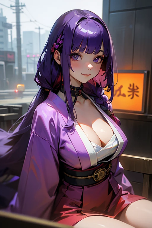 1 girl, Blunt bangs, Braiding, Wide sleeves, hair ornaments, kimono, Red Belt, (Purple Hair:1.2), Very long hair, Straight hair, Looking at the audience, Highly detailed background, (Realistic:1.2), Beautiful Eyes, Red eyeshadow, Written boundary depth，thigh, (Ulzzang-6500:0.7), Upper Body, (alone:1.2), (Cyberpunk City:1.1), Cleavage, Shiny skin、Sit at the bar counselor、Hair blowing in the wind、Please touch your cheeks with both hands..、Touching hair with both hands、smile、