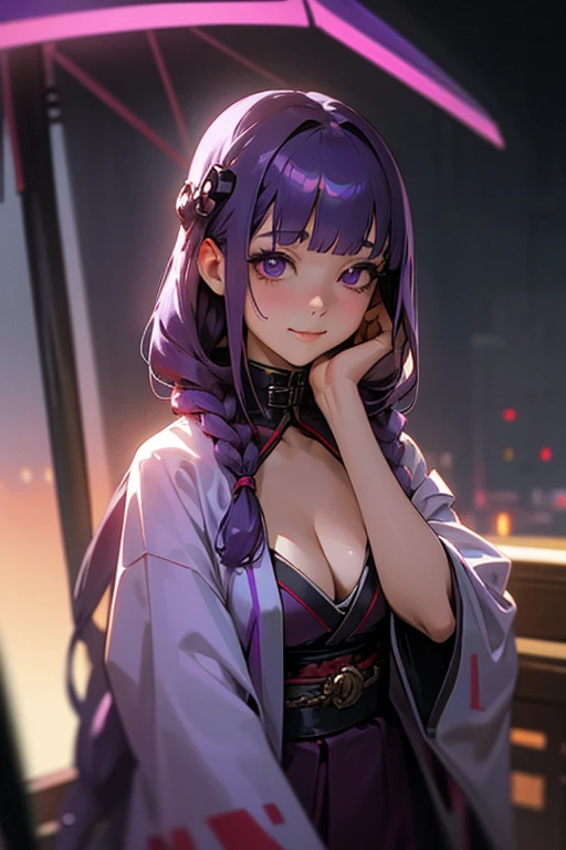 1 girl, Blunt bangs, Braiding, Wide sleeves, hair ornaments, kimono, Red Belt, (Purple Hair:1.2), Very long hair, Straight hair, Looking at the audience, Highly detailed background, (Realistic:1.2), Beautiful Eyes, Red eyeshadow, Written boundary depth，thigh, (Ulzzang-6500:0.7), Upper Body, (alone:1.2), (Cyberpunk City:1.1), , Shiny skin、Sit at the bar counselor、Hair blowing in the wind、Please touch your cheeks with both hands..、Touching hair with both hands、smile、