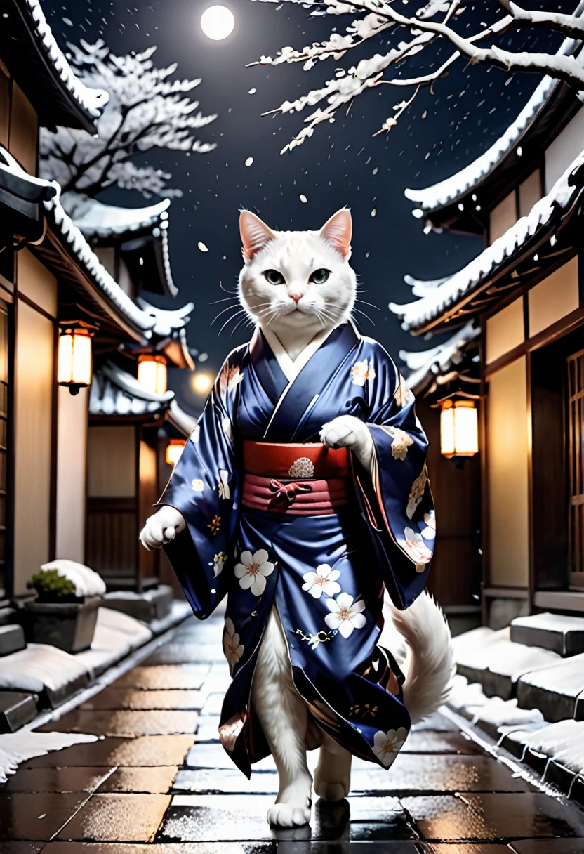 A cat wearing a kimono walking down a street at night、2D、Dark atmosphere、Edo period style background、Snow is falling、White cat、Nothing in my hands