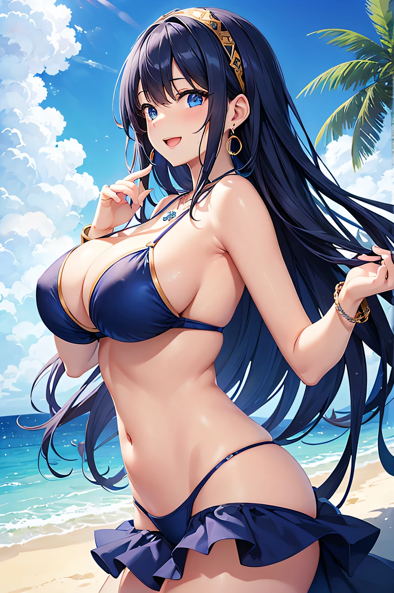 highest quality、Best image quality、masterpiece、beautiful girl、Navy blue long hair、blue eyes、Navy Blue Bikini、Big cleavage、(Big Breasts)、smile、blue necklace、Blue Earrings、background(Beach)、Sexy pose、Please open your mouth wide、White headband、angle(From the side)、bracelet