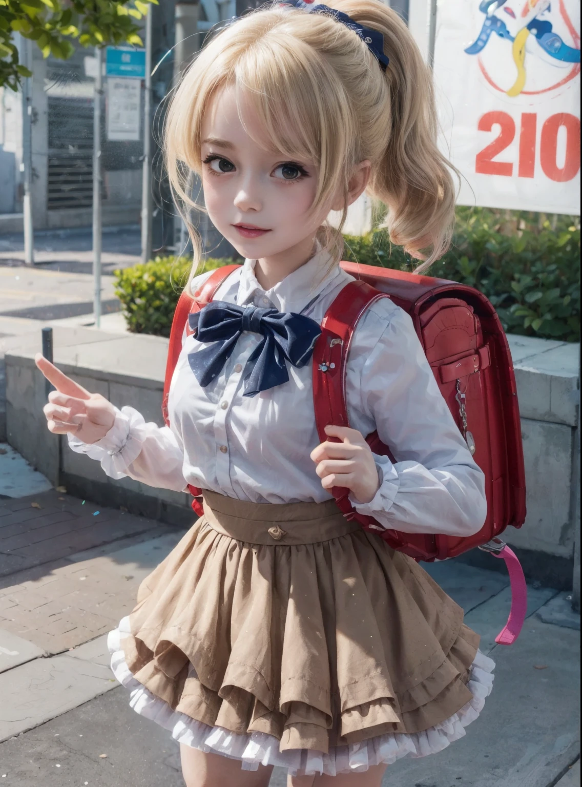 Masterpiece, hd, 1girl, realistic, cosplayer wearing cute idol dress (idoldress) layered skirt, frill dress, ribbon, bow, sequins, 
(antique blonde hair Bangs), outdoor, ponytail, standing, outdoor, wearing school backpack, (red backpack:1.1)