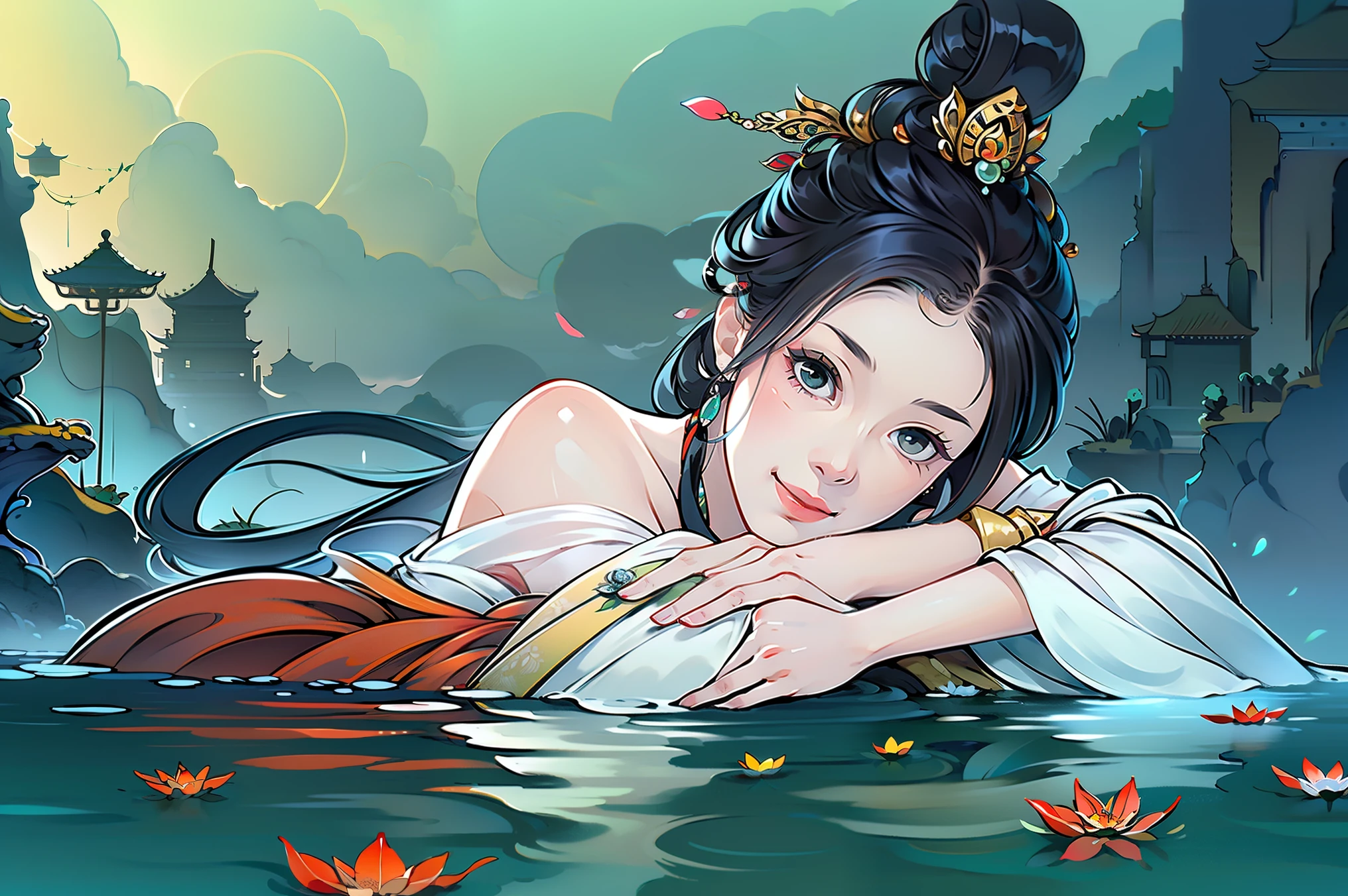 (masterpiece,Super detailed,High-resolution details,Highly detailed art)1 girl lying in the water,foggy,Close-up with fog,Solitary,long hair,Smile,Hot spring water,water vapor,Bare shoulders, petal,Shimizu,Hanfu,ripples in the water,Highly detailed character designs from East Asia,Game character costume design,Ultra-high resolution, Clear focus, Epic Works, masterpiece, (Highly detailed CG Unity 8k wallpaper),Pretty Face,beautiful eyes,High-resolution details