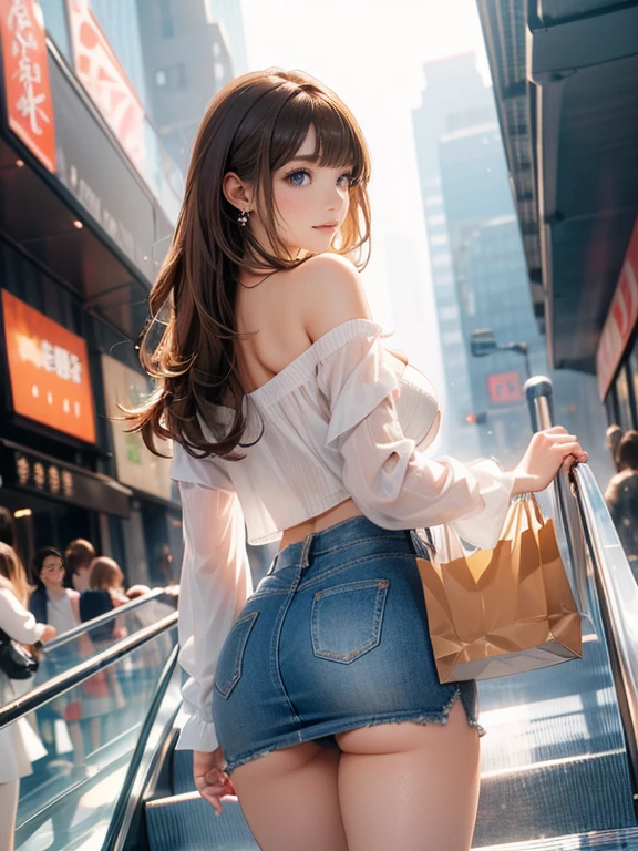 ((Extreme exposure))(High-definition image quality)極Realistic skin texture、High definition face(brown、Very long straight hair、Hair behind the ear、Beautiful moist brown hair、Smooth Hair)((Bright smile、Embarrassed expression))、Gaze(sexyな25歳の女の子、Idol Makeup、Eyeliner)(Fair skin)(Sparkling eyes)Smooth Skin、Realistic skin texture ((White off-shoulder、Short length、Cleavage、Super big boobs)) ((Extremely short denim miniskirt、damage、Super tight、small、Ultra low rise))))A well-proportioned and perfect body、Beautiful armpits、On the position of the chest、Round big breasts、Beautiful valley、Ultra-thin waist、Waistline、Long legs、Glitter High Heels((((Shopping Centre、Take the escalator、Backwards))))(((((sexy、Medium full shot from below and behind))))))View angle from below