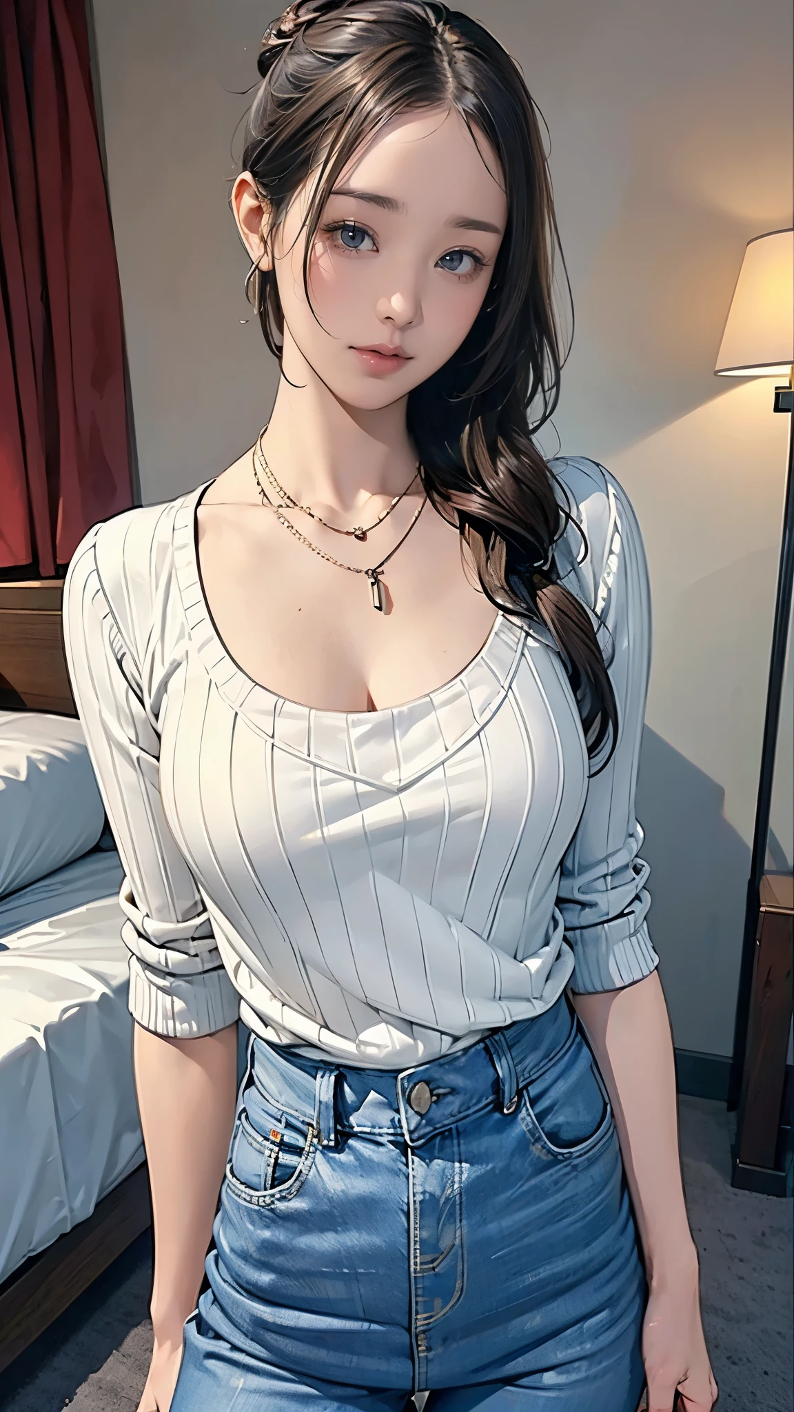 (masterpiece:1.2, highest quality), (Realistic, photoRealistic:1.4), Beautiful illustrations, (Natural Side Lighting, Cinema Lighting), Written boundary depth, Beautiful thighs staring at the viewer, (Face Focus, Upper Body), 1 female,20-year-old,alone,(With background:Hotel Rooms) , thin, slender, Long Hair, Curly Hair, One bun on top of the head, Forehead, thin, slender, Small , Cleavage, sweater, jeans, Earrings, necklace, Are standing