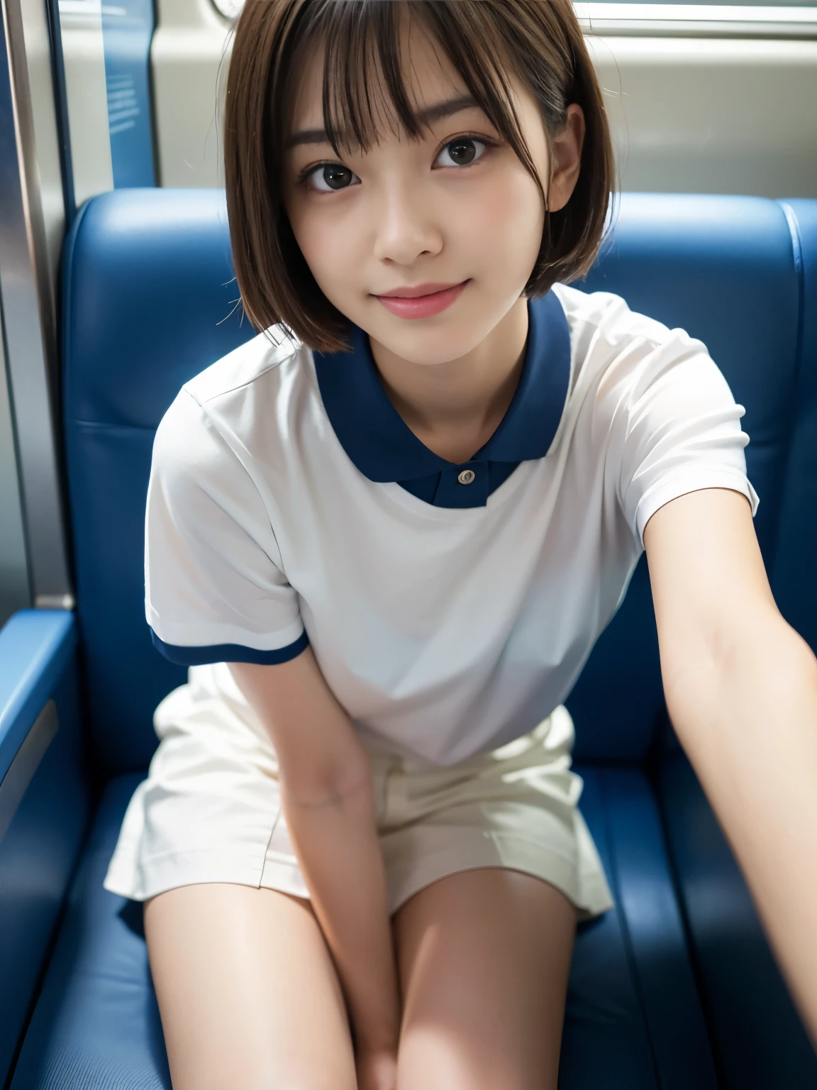 Best-quality, Masterpiece, Ultra-High-Resolution, (Photorealistic:1.4), Raw Photo, depth of field, professional lighting, perfect anatomy, extremely details, ((front view, from below)), 1girl, -yeld, thost famous Japanese idol, sitting on Japanese train seat, showing white panties, wearing white T-shirt, wearing denim miniskirt, (extremely cute face, (extremely cute and extremely big eyes), extremely beautiful short-cut-haired, extremely beautiful skins), realistic skin texture, extremely cute long-eyelashes, extremely cute lips, childish body, extremely beautiful thighs, looking at viewer, innocent-smile, detailed Japanese-train-seat
