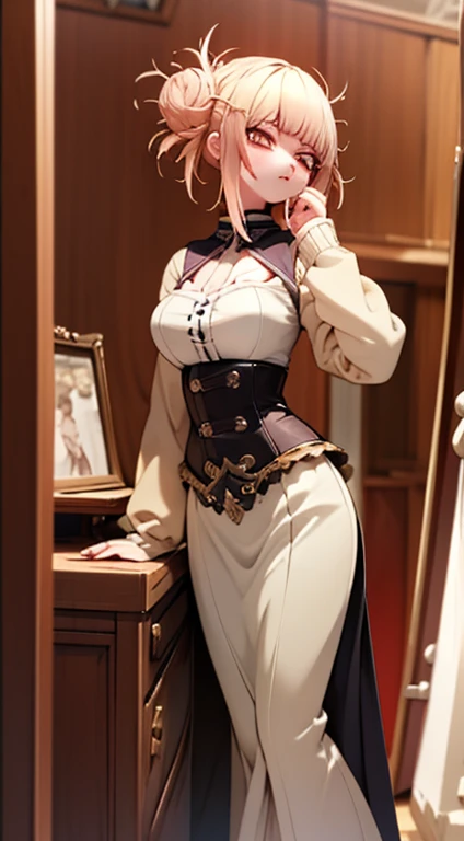 Close-up of a woman in a dress standing near a dressing table，guweiz masterpiece，guweiz，guweiz style artwork，8k high quality detailed art，cgstation trends，cgstation trends，Beautiful charming anime woman，Very detailed and rich costumes，Steampunk beautiful anime woman，Elegant corset