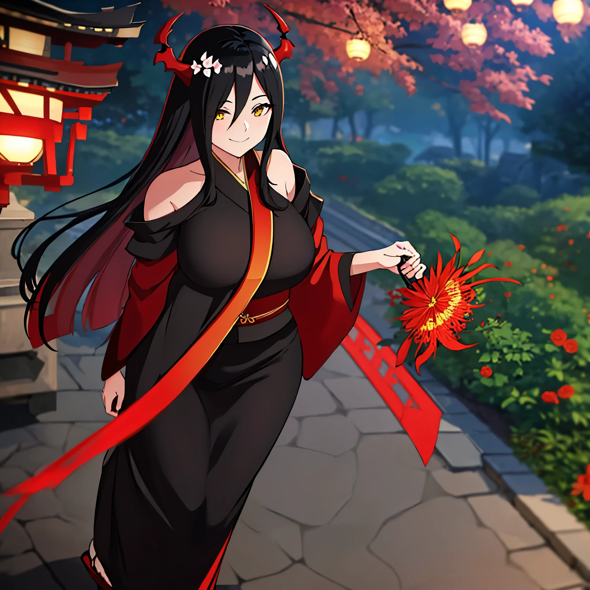 A woman wearing a black yukata with red details, with a red fur cape on her shoulders, red horns, big breasts, (perfect and well detailed yukata) yellow eyes, long black hair, smiling, walking in a Japanese garden during the day, (lone woman), glow, drop shadow, flower, UHD, masterpiece, accurate, anatomically correct, textured skin, super detail, high quality, best quality, 8k, high resolution, bokeh effect.
