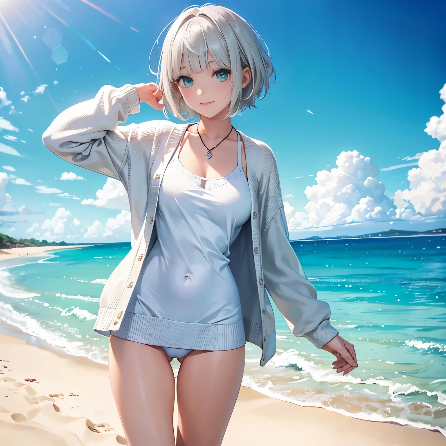 full body,low angle,from below,((both arms down)),(White elegant summer knit cardigan,one piece swimsuit),((1girl,cute,young,pixie cut beautiful silver blonde hair,blunt bangs,beautiful eyes)),(solo),((masterpiece, highest resolution,best quality)), ((realistic:1.5,Beautiful girl RAW photo)),(looking at the viewer), innocent smile,cinematic lighting,beautiful emerald green beach, white sand,waves,clouds,blue sky