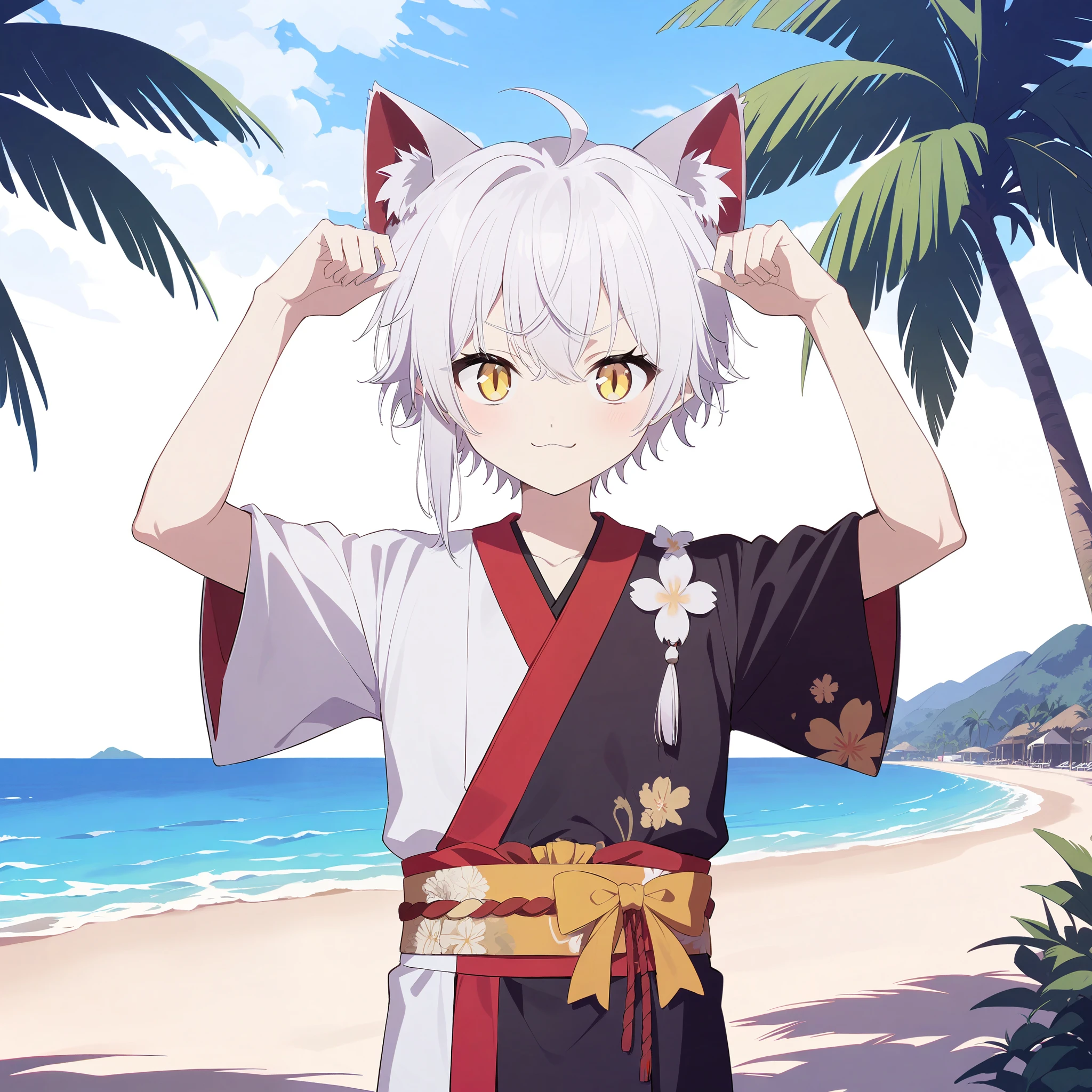 cat_boy,1boy,split color kimono,[(white kimono:1)|(black kimono:1.2)|(red lapel:0.7)],animal ears,white hair, short hair with single long lock,ahoge,yellow eyes,slit pupils, dot nose, looking at viewer,cowboy shot,solo,alone,beautiful background,sea,beach,summer,tree,happy,arms up,adol,oshinokoparody,