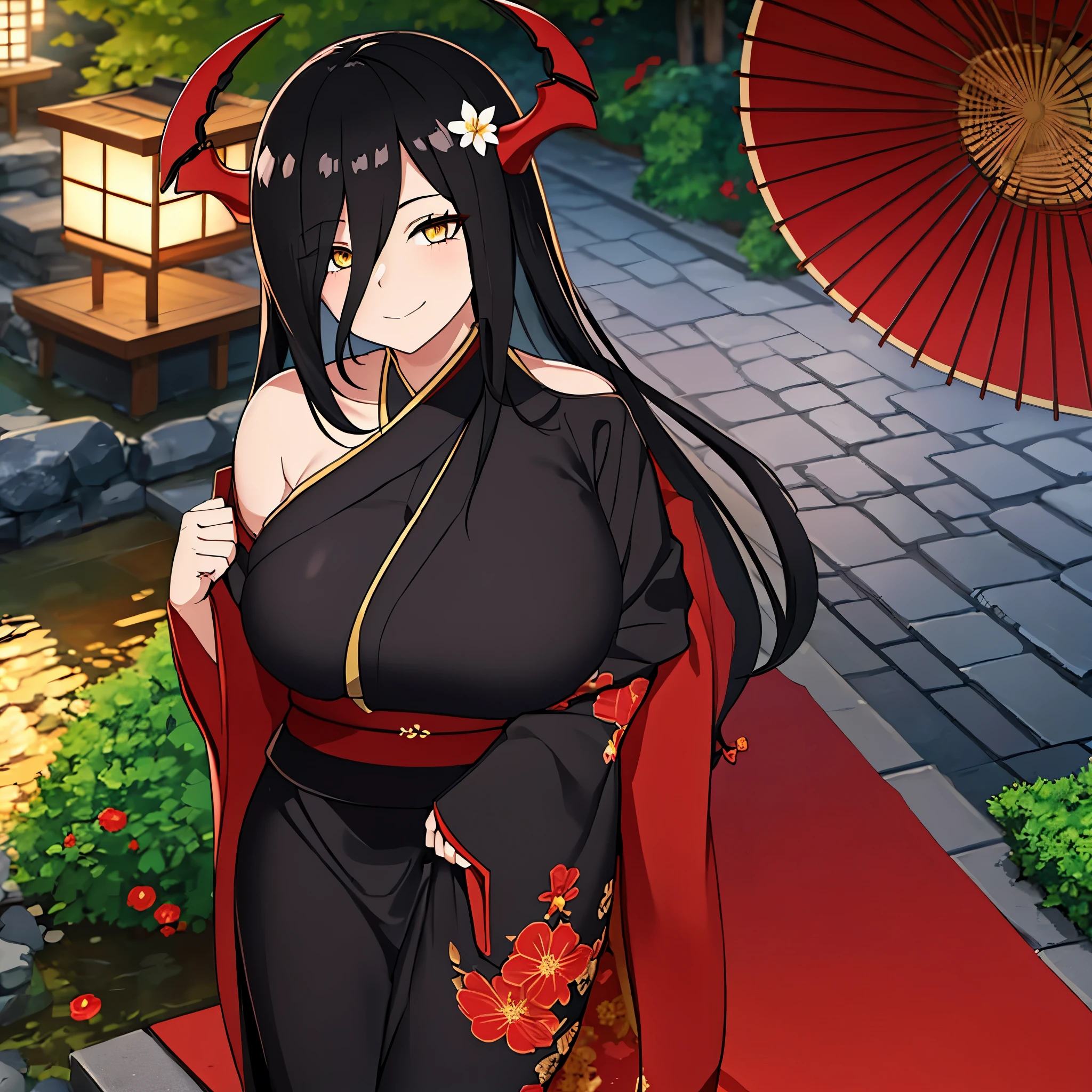 A woman wearing a black yukata with red details, with a red fur cape on her shoulders, red horns, big breasts, (perfect and well detailed yukata) yellow eyes, long black hair, smiling, walking in a Japanese garden during the day, (lone woman), glow, drop shadow, flower, UHD, masterpiece, accurate, anatomically correct, textured skin, super detail, high quality, best quality, 8k, high resolution, bokeh effect.
