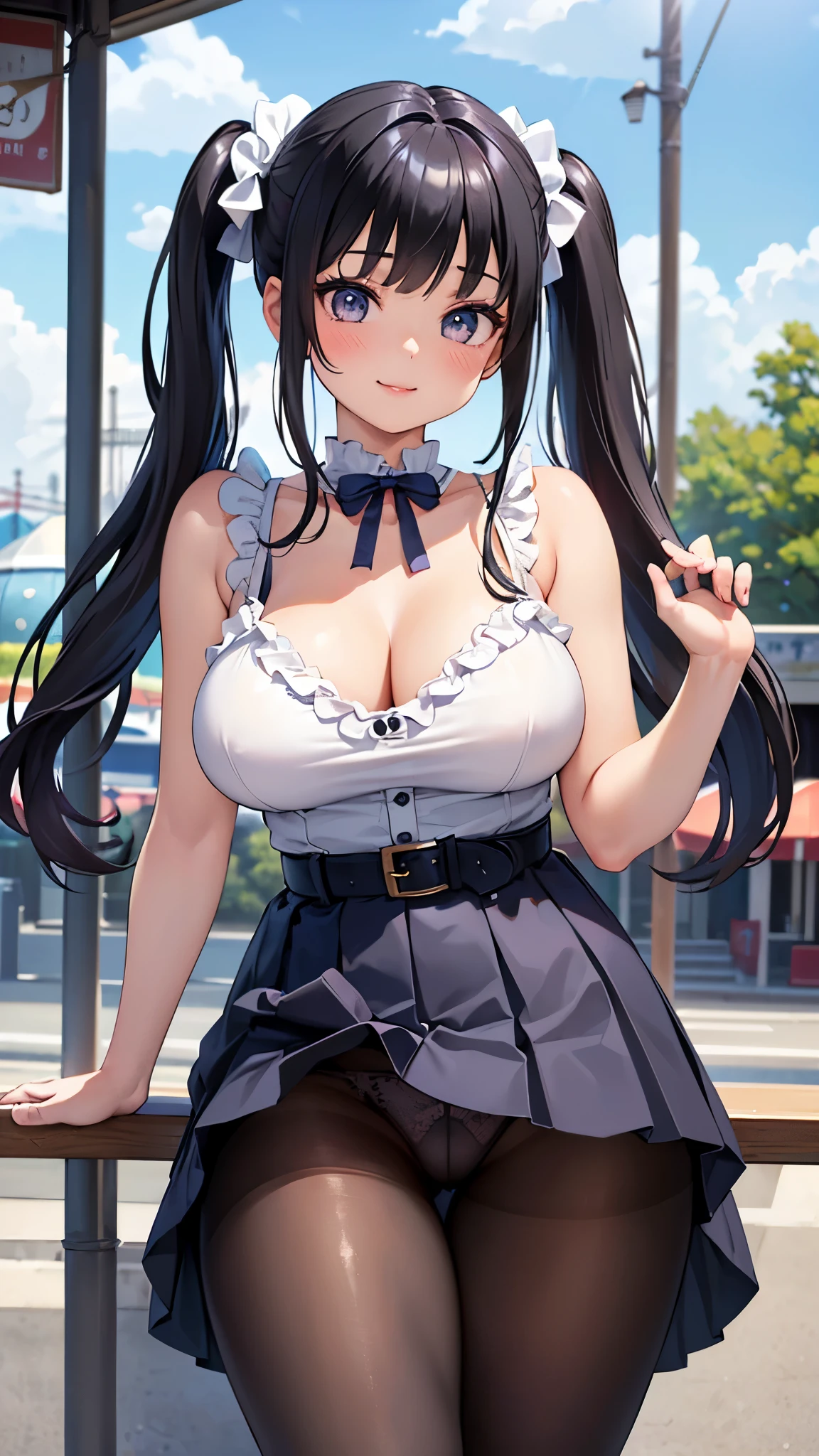 (masterpiece:1.3, highest quality, Ultra-high resolution, Super detailed), (Realistic, photoRealistic:1.4), Beautiful illustrations, Perfect lighting, Natural light, Depth of written boundary, Beautiful detailed hair, Beautifully detailed face, Beautiful fine details, Beautiful clavicle, Beautiful body, Beautiful breasts, Beautiful thighs, Beautiful feet, Beautiful Hands, View your viewers, 1 girl, Very cute girl, , (Perfect Anatomy, Anatomically correct), Cute and symmetrical face, Baby Face, Perfect Face, Perfect Eyes, Shiny skin, (Long Hair:1.8, Twin tails, Black Hair), bangs, Iris, Slanted Eyes, Long Eyelashes, (Very large and ample breasts, juicy thighs, Attractive thighs), (White sleeveless top with frills and a deep neckline, Dark blue pleated skirt:1.3, belt), Pink hair scrunchie, (Beautiful views), amusement park, Pervasive, Ferris wheel, , (Cute smile, Upward glance, Lips parted),((Pantyhose,I can see her panties))