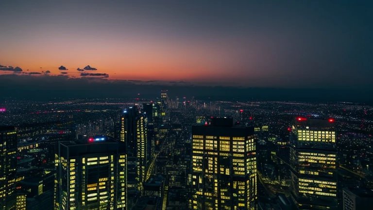 End of the dayを象徴する静かな夜景。
picture: Night City、Starry Sky、A scene where the lights of an office building go out。
atmosphere: End of the day、Anticipation for the next day。