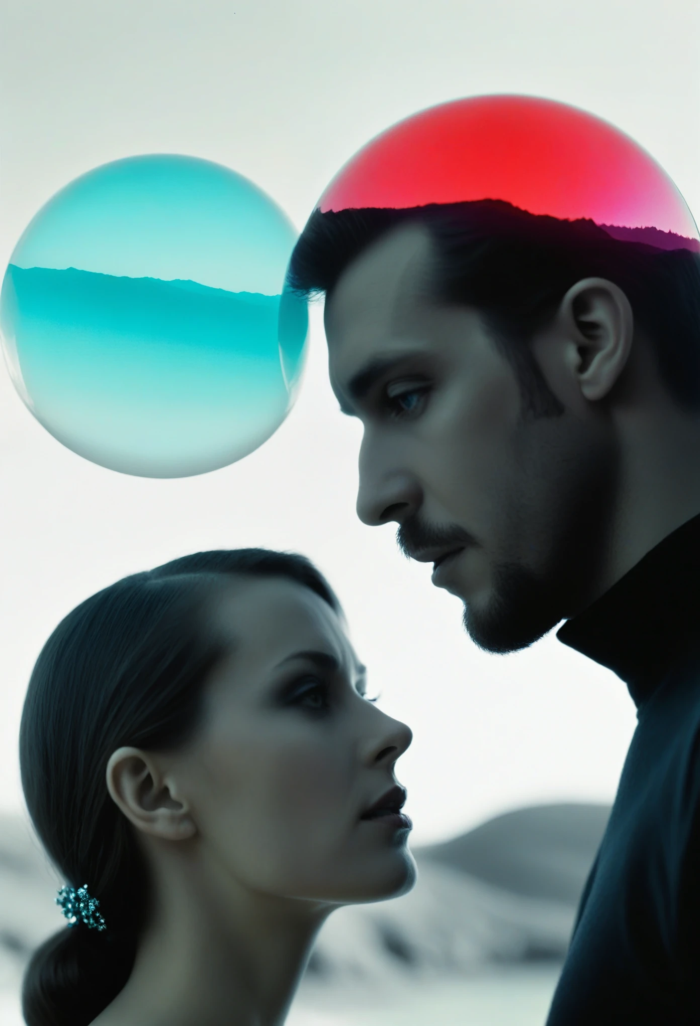 colorized b/w (film xray:1.0) negative image close-up portrait of 1man and 1woman in dreamy landscape, hovering pebble, architectural headpiece, integrated haunting, (light areas appear dark and vice versa). A color negative image is additionally color-reversal, with red areas appearing cyan, greens appearing magenta, and blues appearing yellow, and vice versa. invert image, (high contrast:1.9, deep darks), negative film inversion