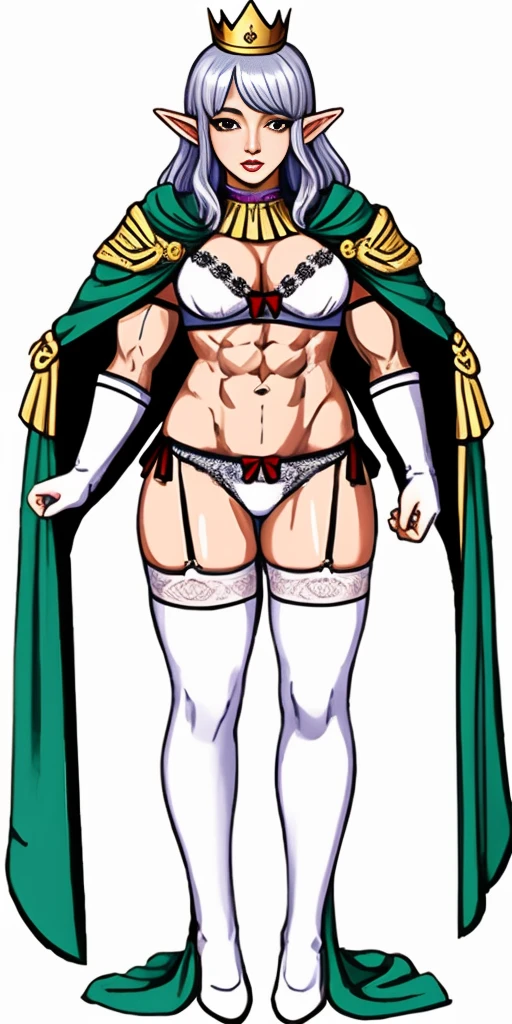 ((masterpiece, white background:1.2)) full body of a woman, standing feet together, extremely long hair, ponytail, perfect anatomy 1sologirl, tall slim thick ((muscular)) high elf toned body, silver breast plate, blue cape, slender abs, hourglass waist, detailed face, defined cheekbones, puffy lips, red gloves gauntlets, gold crown, shadow over eyes, looking at viewer view from below, white thigh highs lingerie
