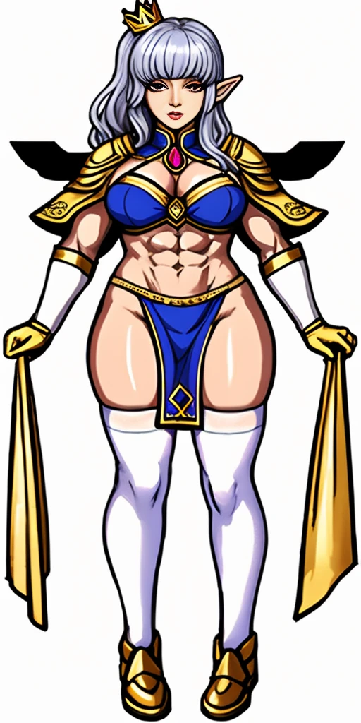 ((masterpiece, white background:1.2)) full body of a woman, standing feet together, extremely long hair, ponytail, perfect anatomy 1sologirl, tall slim thick ((muscular)) high elf toned body, silver breast plate, blue cape, slender abs, hourglass waist, detailed face, defined cheekbones, puffy lips, red gloves gauntlets, gold crown, shadow over eyes, looking at viewer view from below, white thigh highs lingerie