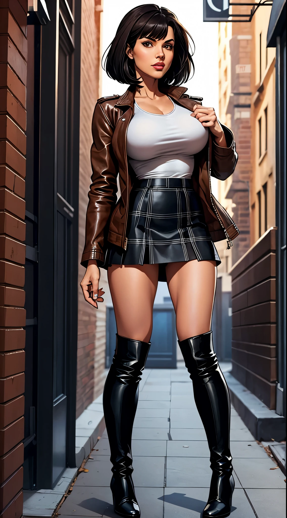 short black hair, with slightly messy bangs.  Dark, penetrating brown eyes.  Thin and marked build.  short black leather skirt, a loose white shirt and a plaid jacket.  She completed her outfit with tall boots. Busty. Comic style. Marvel style