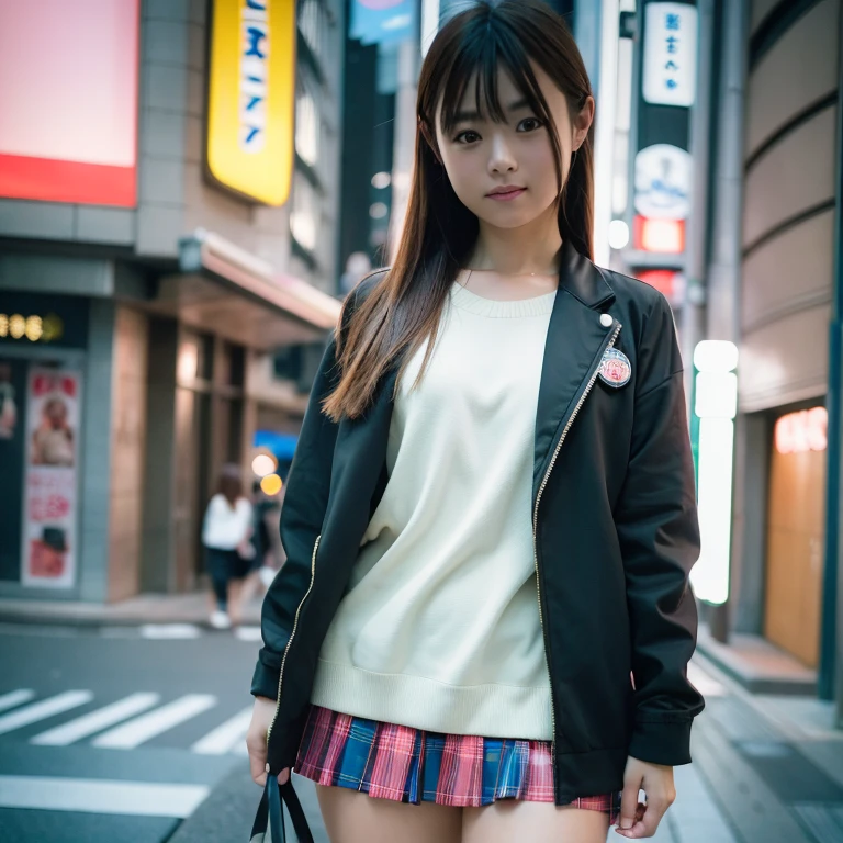 masterpiece, highest quality, 8k, Highly detailed skin, Perfect Anatomy, One girl, Skirt and jacket, (Tokyo Shibuya Street:1.3), (Depth of written boundary),(Lens Glow) ,Sony 7, 35mm, f1.8, Physically Based Rendering,