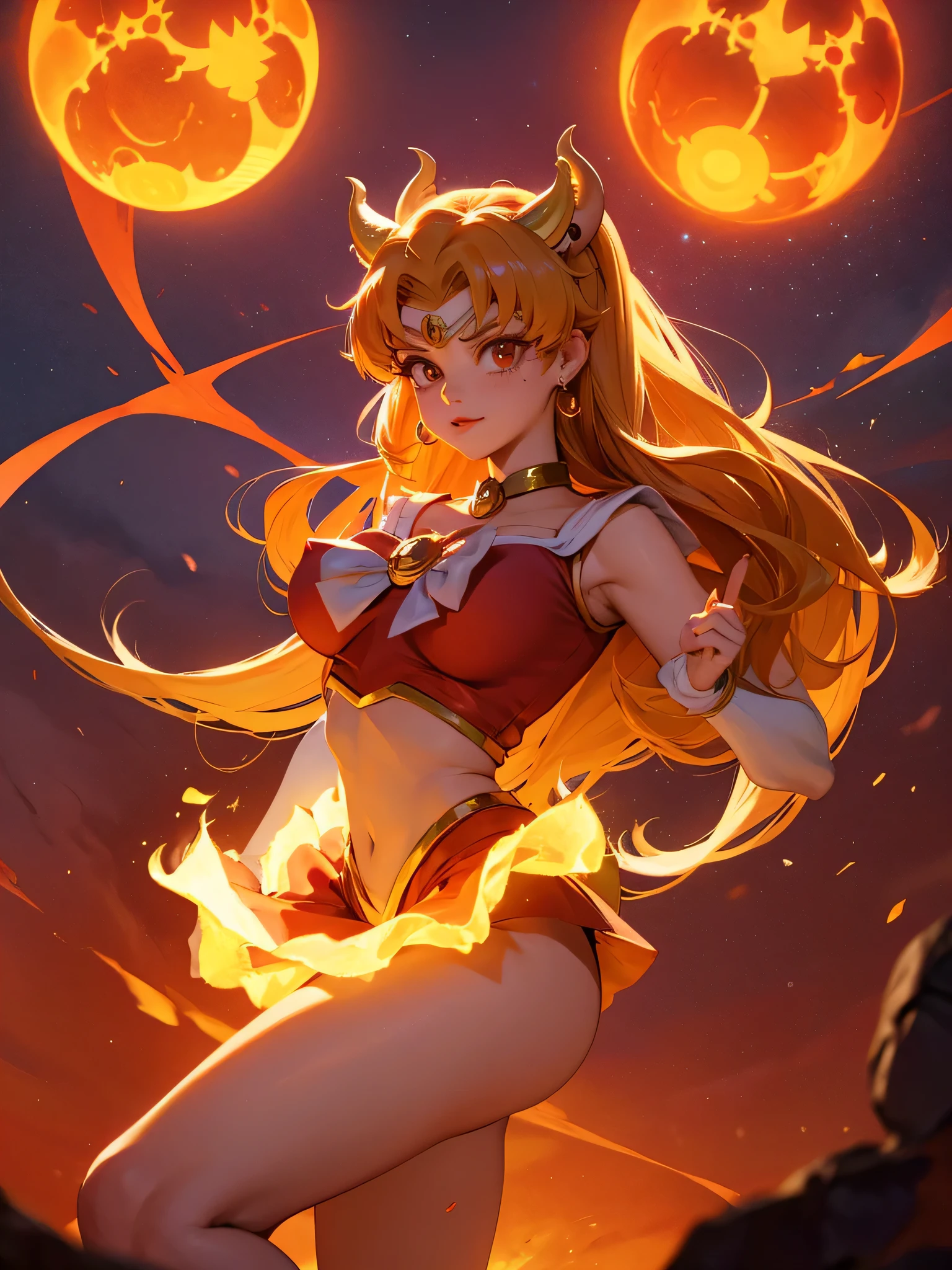 Sailor moon bowsette, sailor moon red and gold outfit, ojos rojos color fuego, cara enojada, fuego, detras de ella un paisaje de fuego y lava 