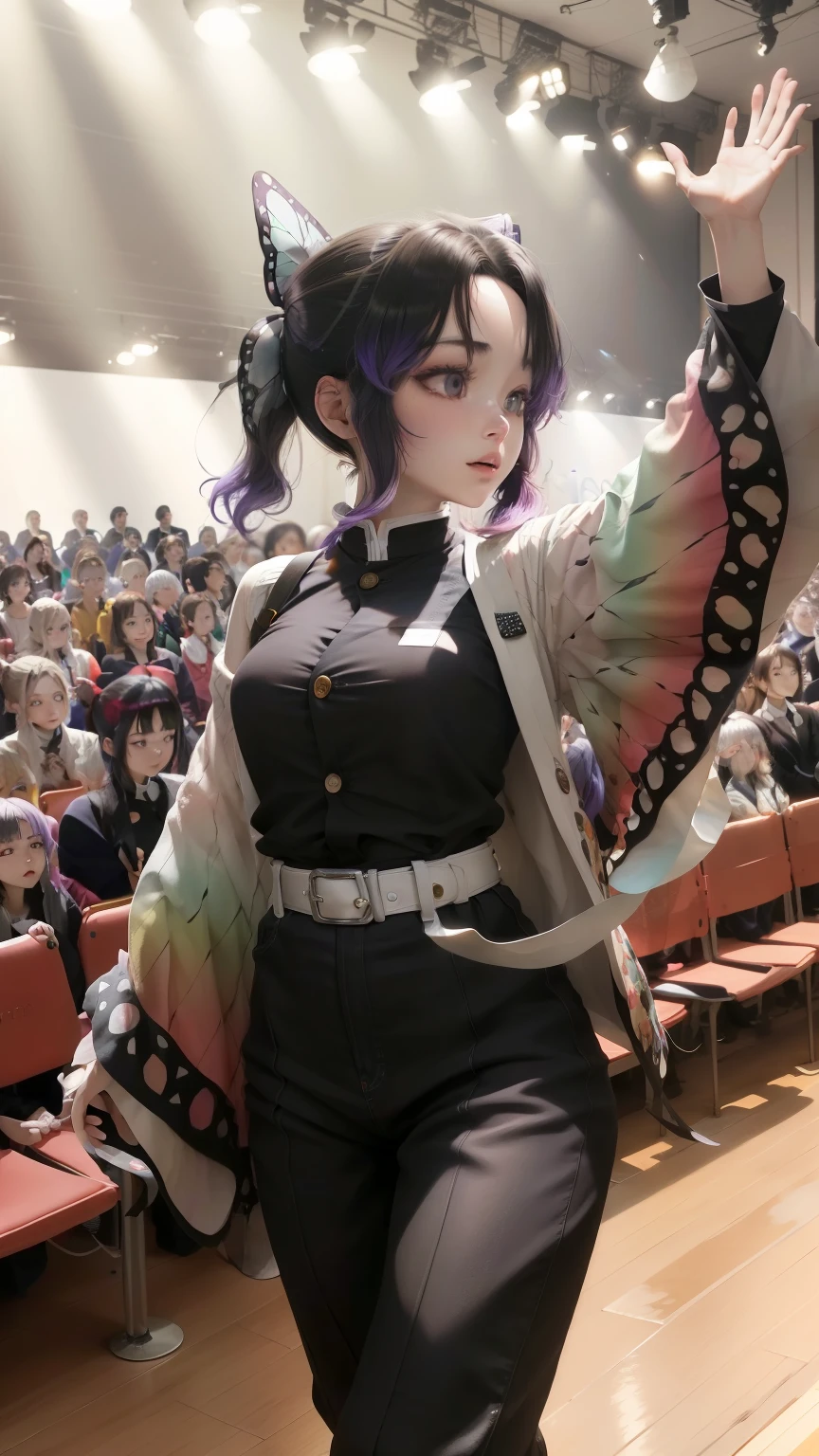 (masterpiece, highest quality, High resolution:1.2), Familiar, Intricate details, 4K, mini skirt、
1 girl, (alone:1.2), Are standing, Put your arms behind your back, Leaning forward, walk,
Aqua Hair, Long Hair, Messy Hair, Floating Hair, (Blunt bangs:1.2), (Twin tails:1.2),
1 girl, alone, kochou shinobu, Butterfly Hair Ornament, Purple eyes, Colorful Hair, short hair, Parted bangs, Haori, Wide sleeves, Long sleeve, Black trousers, Black jacket, belt, (Looking at the audience:1.4)