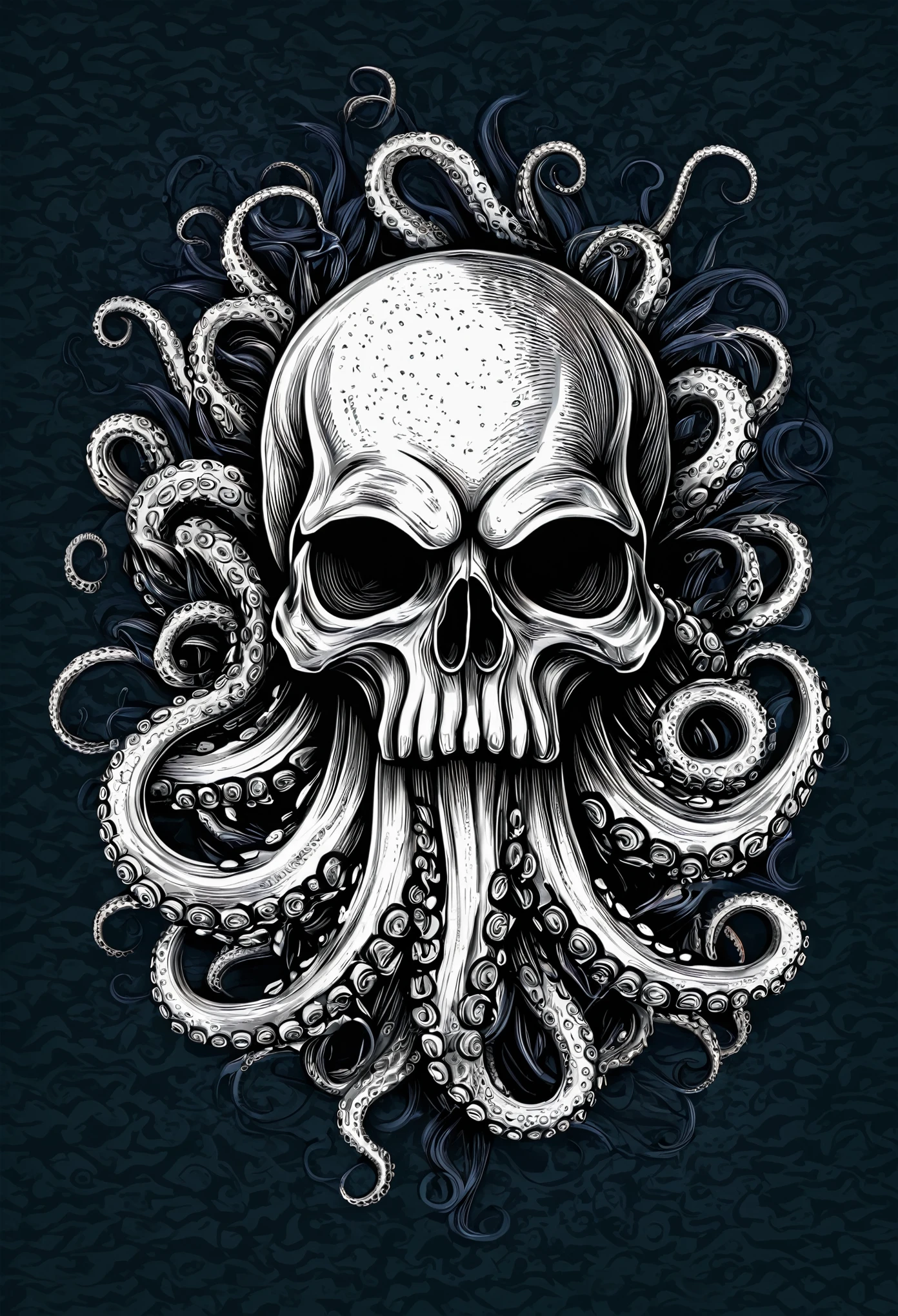 Human skull with octopus tentacle
