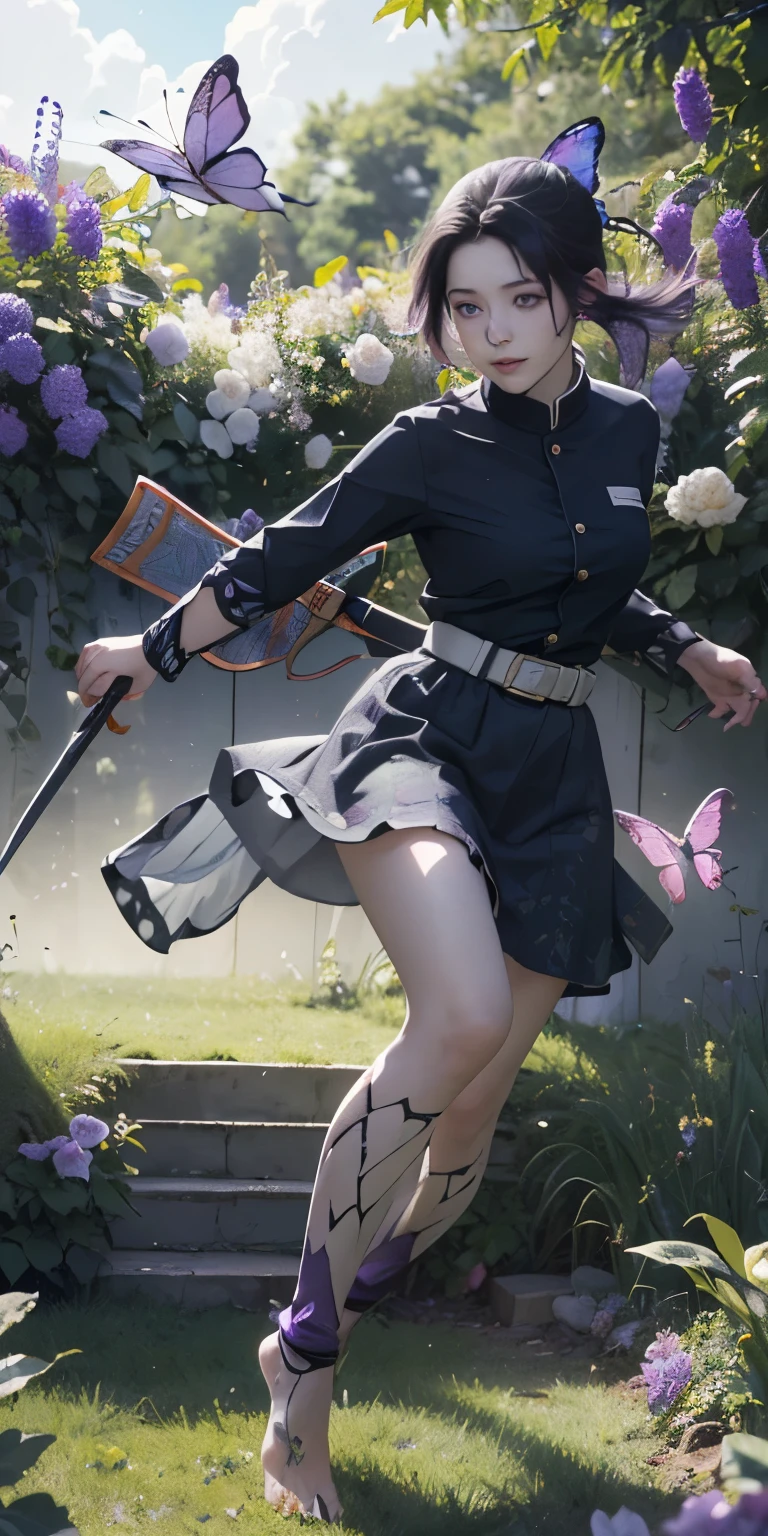Ultra-realistic 8K CG, masterpiece,（mini skirtBare feet and white panties:1.4） close, (Weapons in hand: 1.2), (attack: 1.2), beauty, goddess, （Bare feet and white panties:1.3）,from the front, face sticking out, (Highly detailed background, Delicate pattern, Intricate details)), high quality, highly detailed face, （超mini skirtから見える白いパンティ生脚:1.4）、Highly detailed eyes and face, Highly detailed eyes, kocho shinobi, Colorful Hair, No bangs, Hair intake, Purple eyes, amount, Black Shirt, Black trousers (Haori, butterfly, button, belt, (garden: 1.2), Purple Flower, Little, cloudy null, sunlight, Tyndall effect, Exy、slope_null, face, gorgeous null, sword on waist,Ultra-realistic 8K CG, masterpiece,（mini skirt:1.4） close, (Weapons in hand: 1.2), (attack: 1.2), beauty, goddess, from the front, face sticking out, (Highly detailed background, Delicate pattern, Intricate details)), high quality, highly detailed face, Highly detailed eyes and face, Highly detailed eyes, kocho shinobi, Colorful Hair, No bangs, Hair intake, Purple eyes, amount, Black Shirt, Black trousers (Haori, butterfly, button, belt, (garden: 1.2), Purple Flower, Little, cloudy null, sunlight, Tyndall effect, slope_null, face, gorgeous null, sword on waist,