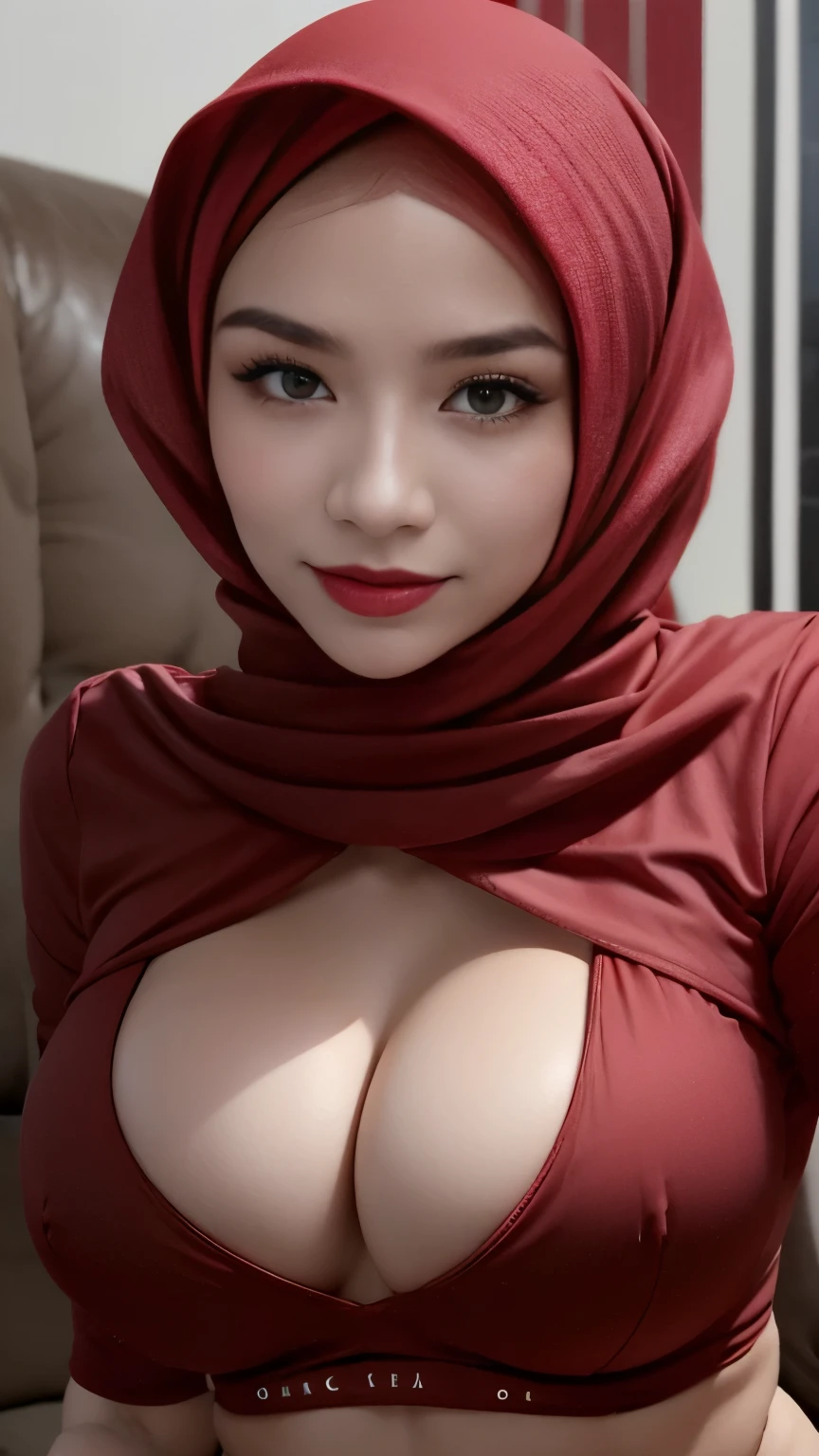 a portrait of a blonde girl with red hijab and red shirt, cleavage , sfw