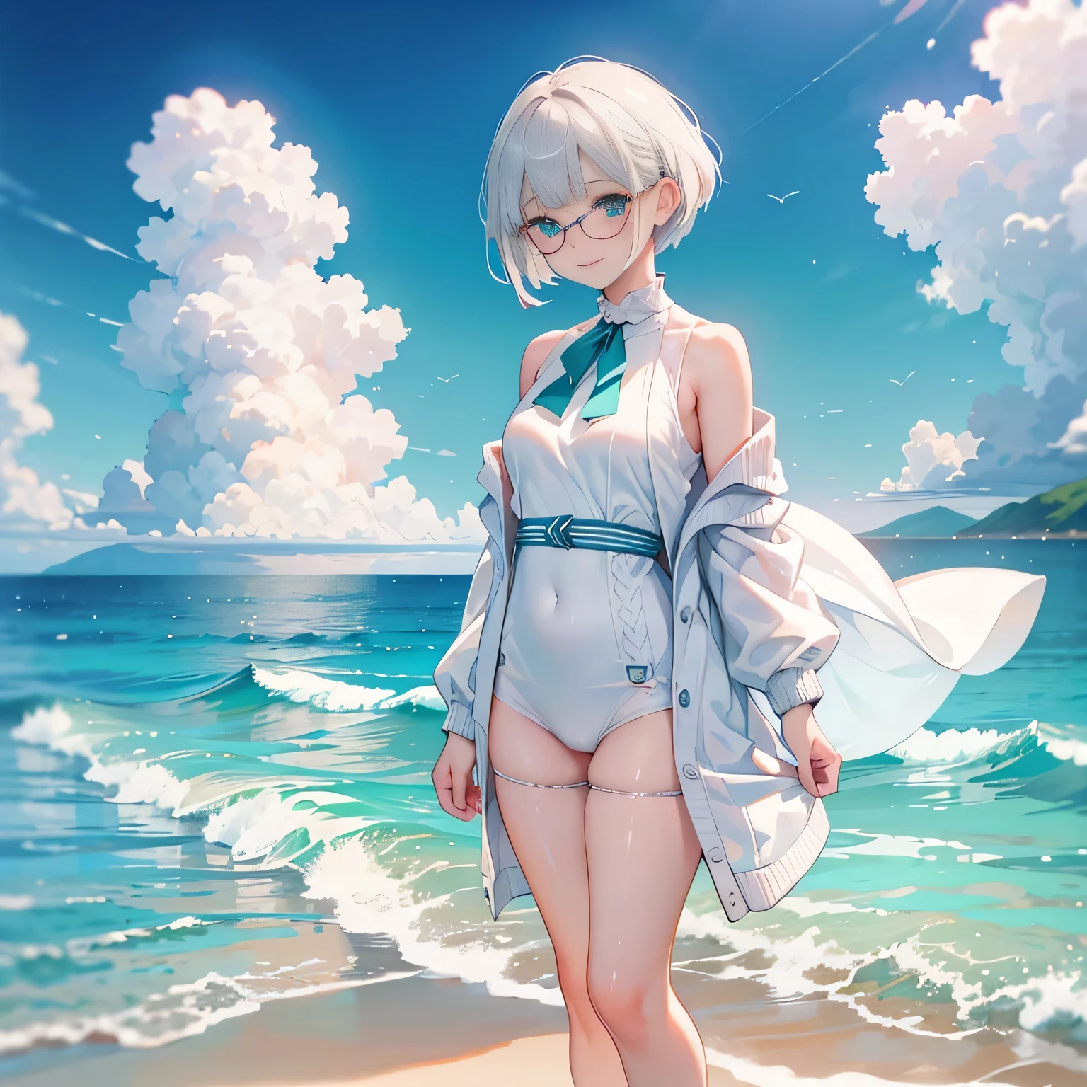 full body,low angle,from below,((both arms down)),(White elegant summer knit cardigan,one piece swimsuit),((1girl,cute,young,pixie cut beautiful silver blonde hair,blunt bangs,beautiful eyes)),(solo),((masterpiece, highest resolution,best quality)), (beautiful illustration),(looking at the viewer), innocent smile,cinematic lighting,beautiful emerald green beach, white sand,waves,clouds,blue sky