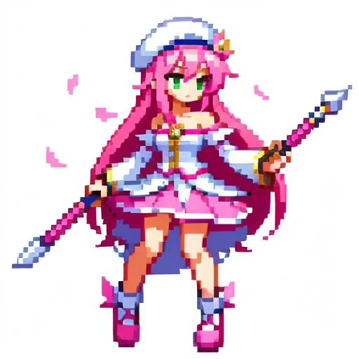 Pixel art, full body, facing left (important), pink and white, holding a spear, magical girl, beret, long hair, loose, showing shoulders. Hair color: Soft, pale pink hair. Eye color: green eyes. Clothes: Clothes based on white and pink. She wears a white, short-sleeved, off-the-shoulder top with a pink collar and buttons that reveal her collarbone, and a skirt shaped like downward-pointing lotus petals. Also, the reason why the skirt is jagged is because it resembles flower petals. Accessories: A pink flower decoration is attached to the right hair. Weapon in hand: A long spear with pink and white decorations.