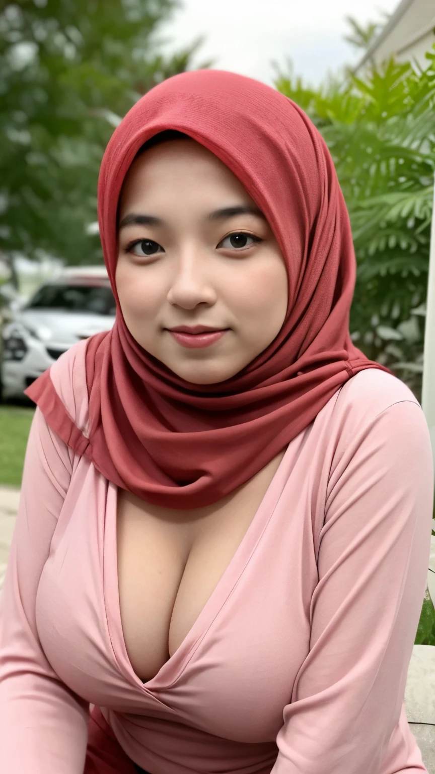 a portrait of a blonde girl with red hijab and red shirt, cleavage , sfw
