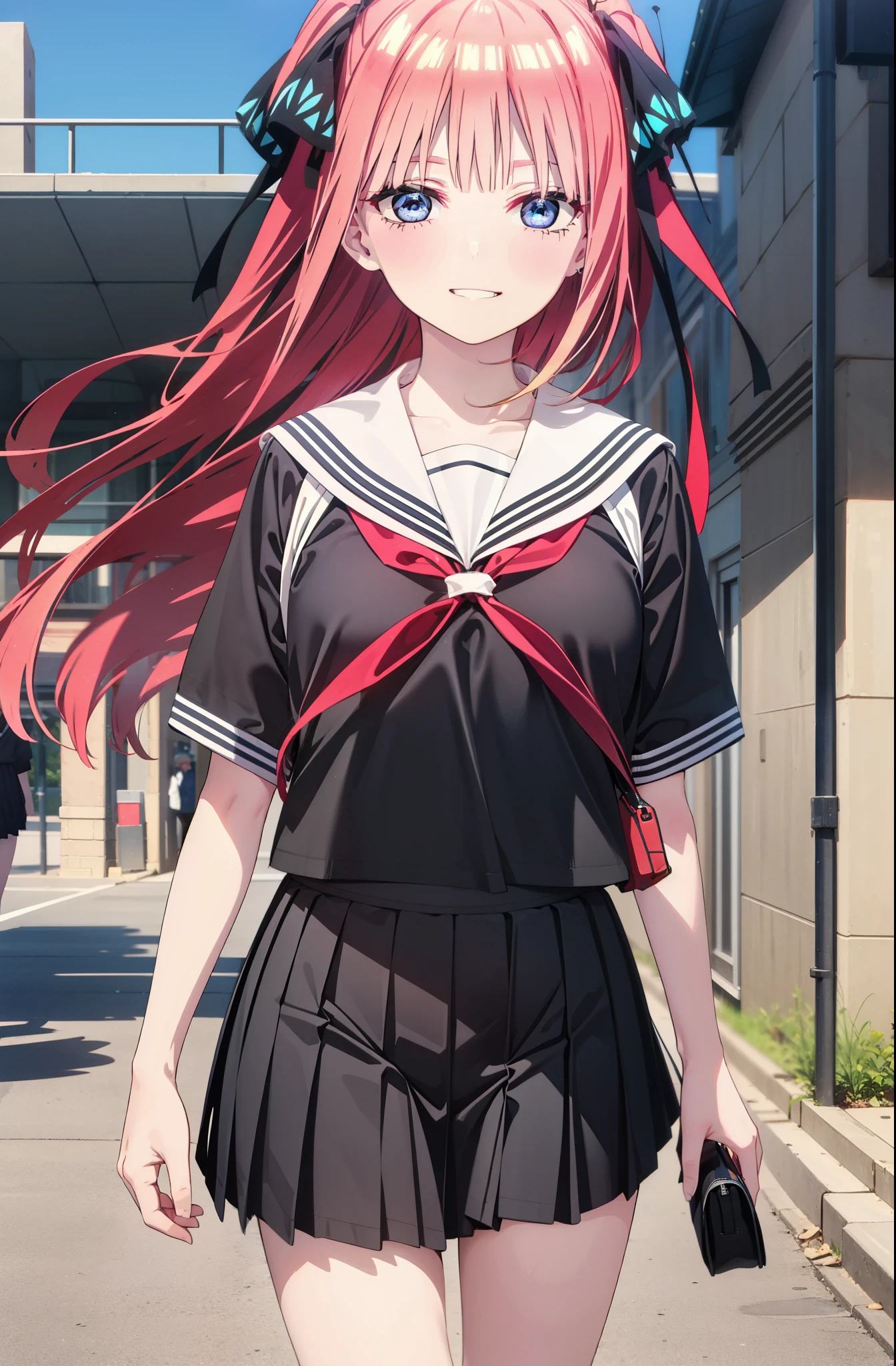 I was silent, nino nakano, Long Hair, bangs, blue eyes, hair ornaments, Hair Ribbon, Pink Hair, blunt bangs, Both sides up, butterfly hair ornaments,smile, Grin,Big Breasts,Japanese girl(Black Sailor Suit),Short sleeve,Black pleated skirt,White loose socks,Brown Loafers,Daytime,Clear skies,whole bodyがイラストが入るように,Looking down from above,School bag,
break outdoors, Coffee shop,
break looking at viewer, whole body,
break (masterpiece:1.2), highest quality, High resolution, unity 8k wallpaper, (shape:0.8), (Beautiful details:1.6), Highly detailed face, Perfect lighting, Extremely detailed CG, (Perfect hands, Perfect Anatomy),