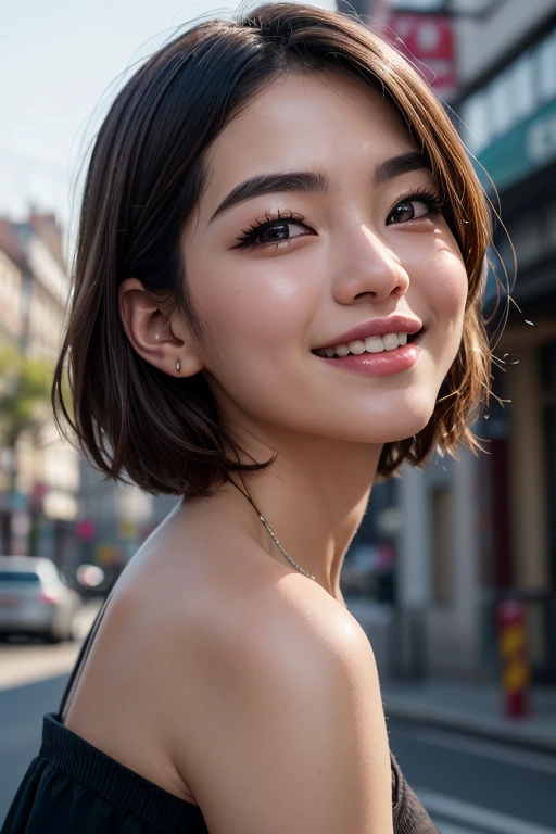 ((best quality: 1.5)) ((masterpiece)), Intricate details, Soft Focus, professional, real life, Real facial expression, Professional lighting, Dynamic poses, Realistic and ultra-detailed rendering，Detail of 20-year-old Korean woman, Smile，Clear eyes, short hair [black hair:white hair:0.3], Street background, Reality, Surrealism, 8K
