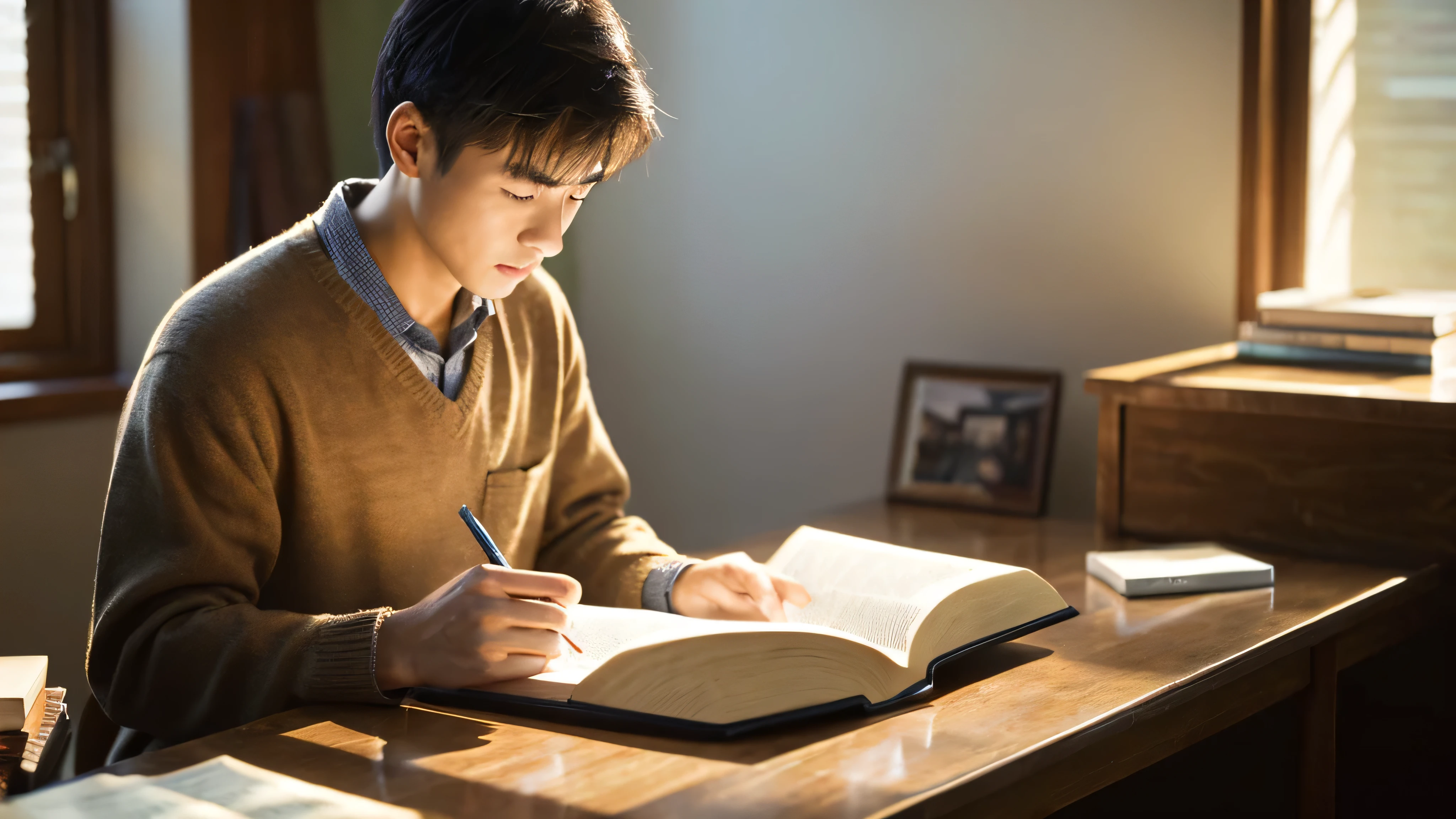Man reading the Bible、Pondering deeply、study、research material、desk、high resolution、High definition、