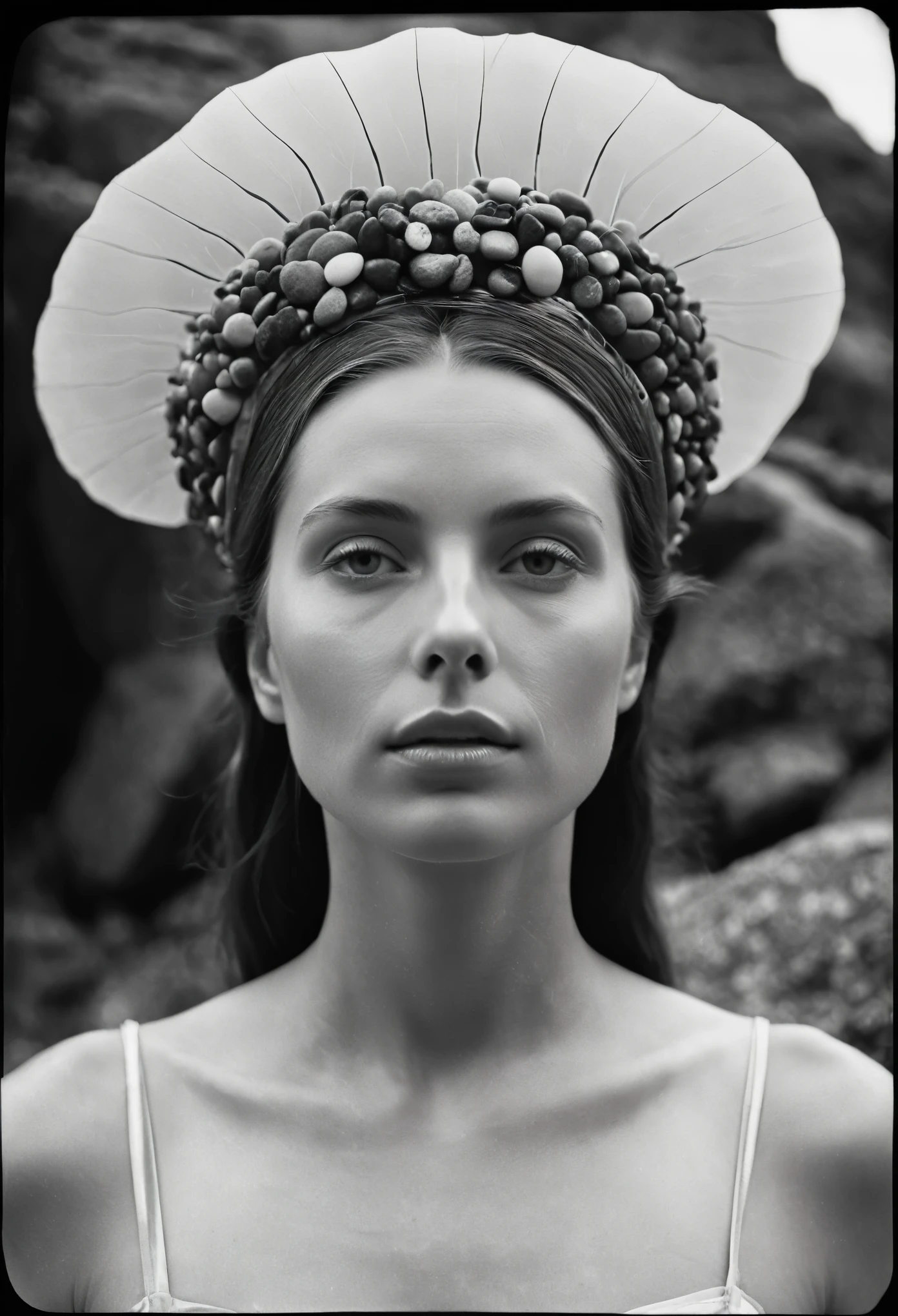 total b/w (film xray:1.0) negative image close-up portrait of a woman in dreamy landscape, hovering pebble, architectural headpiece, haunting, (light areas appear dark and vice versa). A color negative image is additionally color-reversal, with red areas appearing cyan, greens appearing magenta, and blues appearing yellow, and vice versa. invert image, high contrast, deep darks, negative film inversion