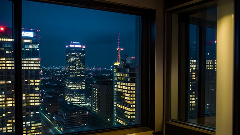 End of the dayを象徴する静かな夜景。
picture: Night City、Starry Sky、A scene where the lights of an office building go out。
atmosphere: End of the day、Anticipation for the next day。Scene looking out the window