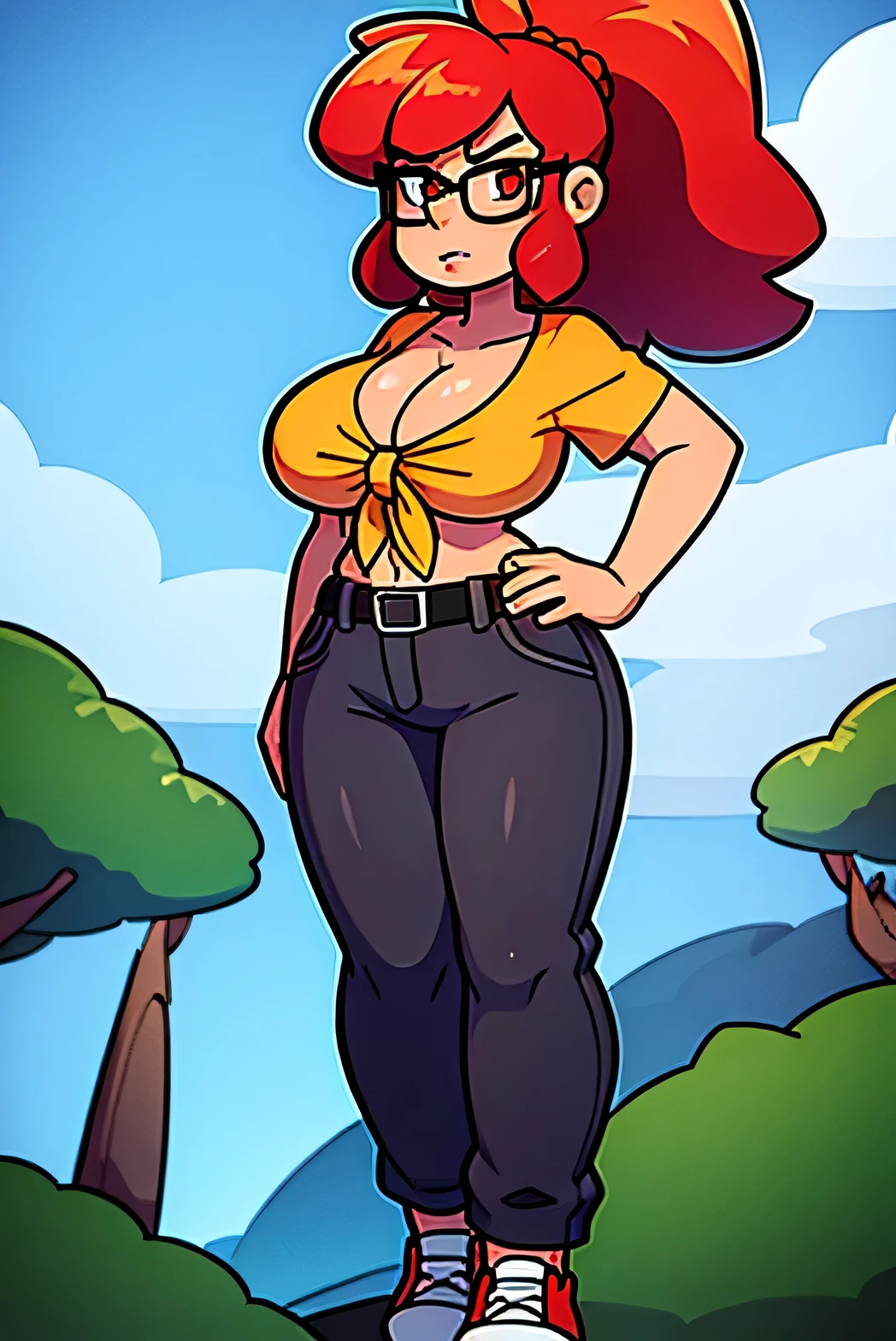  A tall woman, big, sexy, cool, waves, tenderness, cute, strength, big chest, bright red hair, long wavy, her light red eye, medium eyelash, black, pink lip, dresses, top, red button, tied knot, shows navel, with light gray pants, wearing a brown belt, black shoe, wearing yellow glasses. 