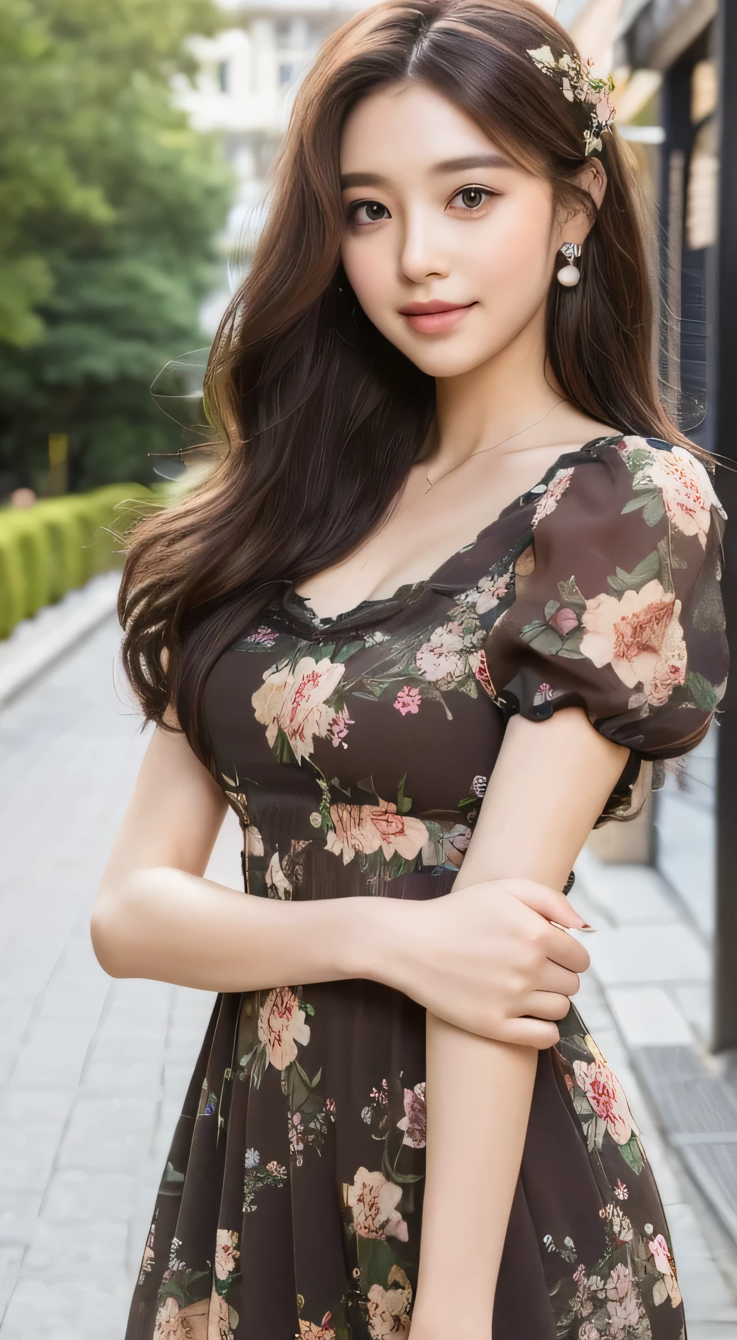 ((highest quality, 8k, masterpiece :1.3)), 1 girl, smile, whole body, Slim face, Beautiful woman, (Dark brown hair), Full-length dress :1.1, Highly detailed face, Fine Eyes, double eyelid, Blur the background, Slim face, city, outside, street,Maternal instinct,((wearing Big floral mini dress:1.3))、 Super long brown hair,Hair with loose waves inside