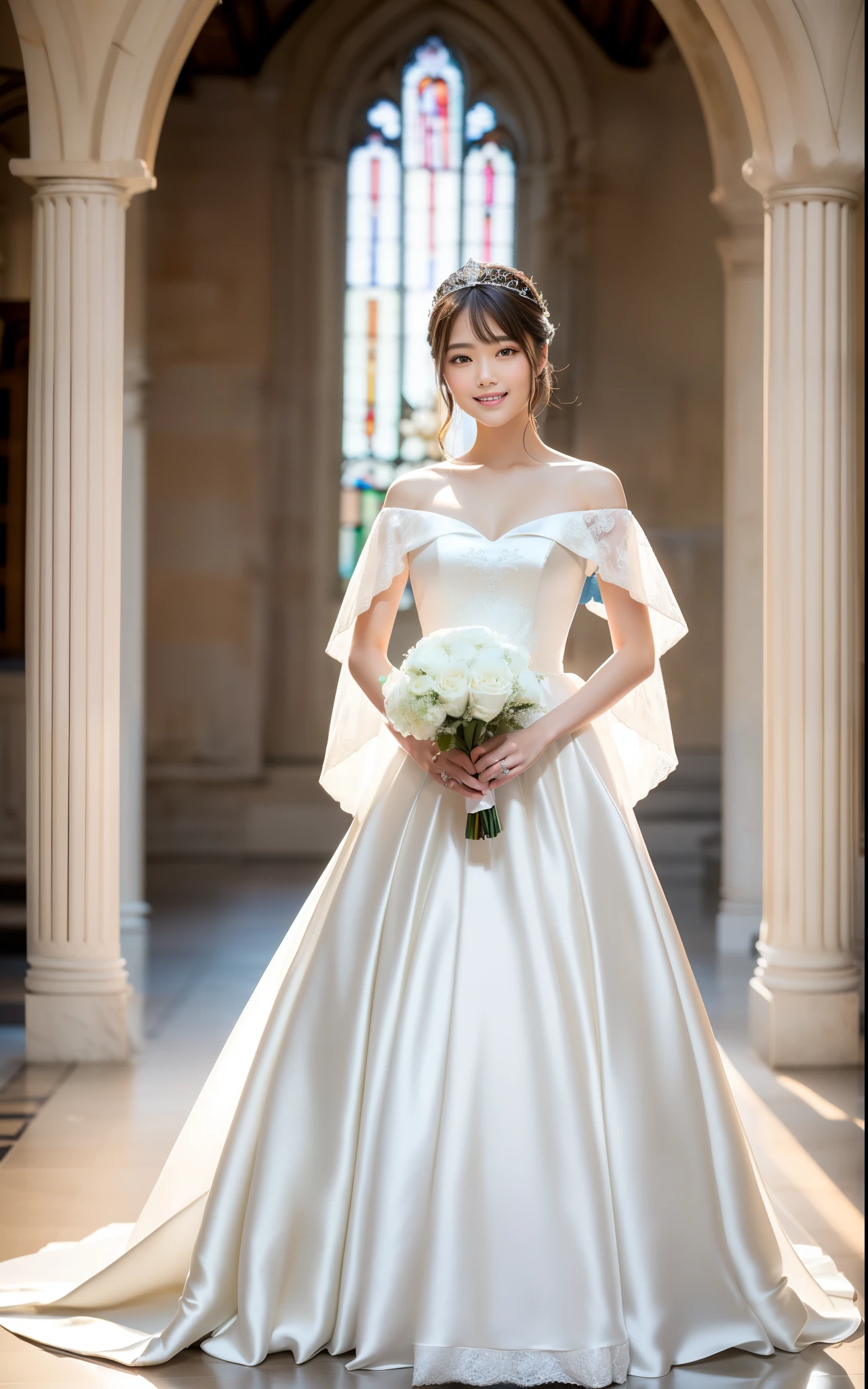 (Best quality: 1.5), (Realistic: 1.5), (1 person: 1.5), (Take a full body photo: 1.5), Very detailed, high resolution, 8k, medium breasts, natural color lips, cute smile, Japanese woman, 20-year-old girl, beautiful and elegant face, perfect and beautiful face, big eyes with good left and right balance, brunette eyes, beautiful and elegant face, beautiful double eyelids, natural bangs, beautiful thin nose, Beautiful skin, fair skin, (medium bob hair), natural bangs, perfect and beautiful face, slim face and figure, (looking at the camera with a sweet smile), bright lighting, professional lighting, forward lighting, princess line wedding dress, Wearing the finest tiara (wearing a pure white off-shoulder mermaid line wedding dress), a church with beautiful stained glass, taking photos, holding a bouquet,