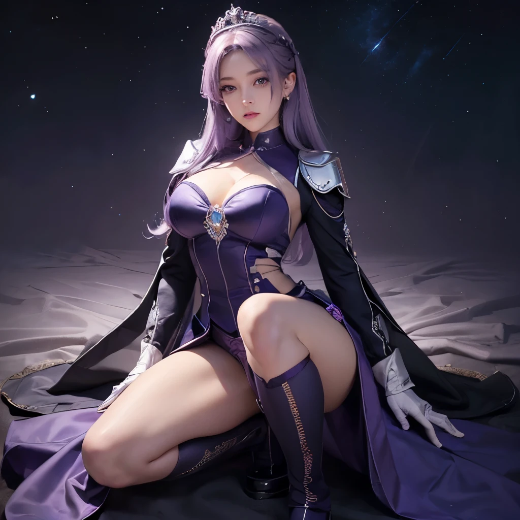 Girl, silver and violet uniform, violet hair, wear tiara, wear glove, detailed hand, round face, detailed face, parted lips, picture form top to knee, sexy pose, big chest, look at camera, camera from top to bottom, detailed, photorealistic, best quality, night sky background