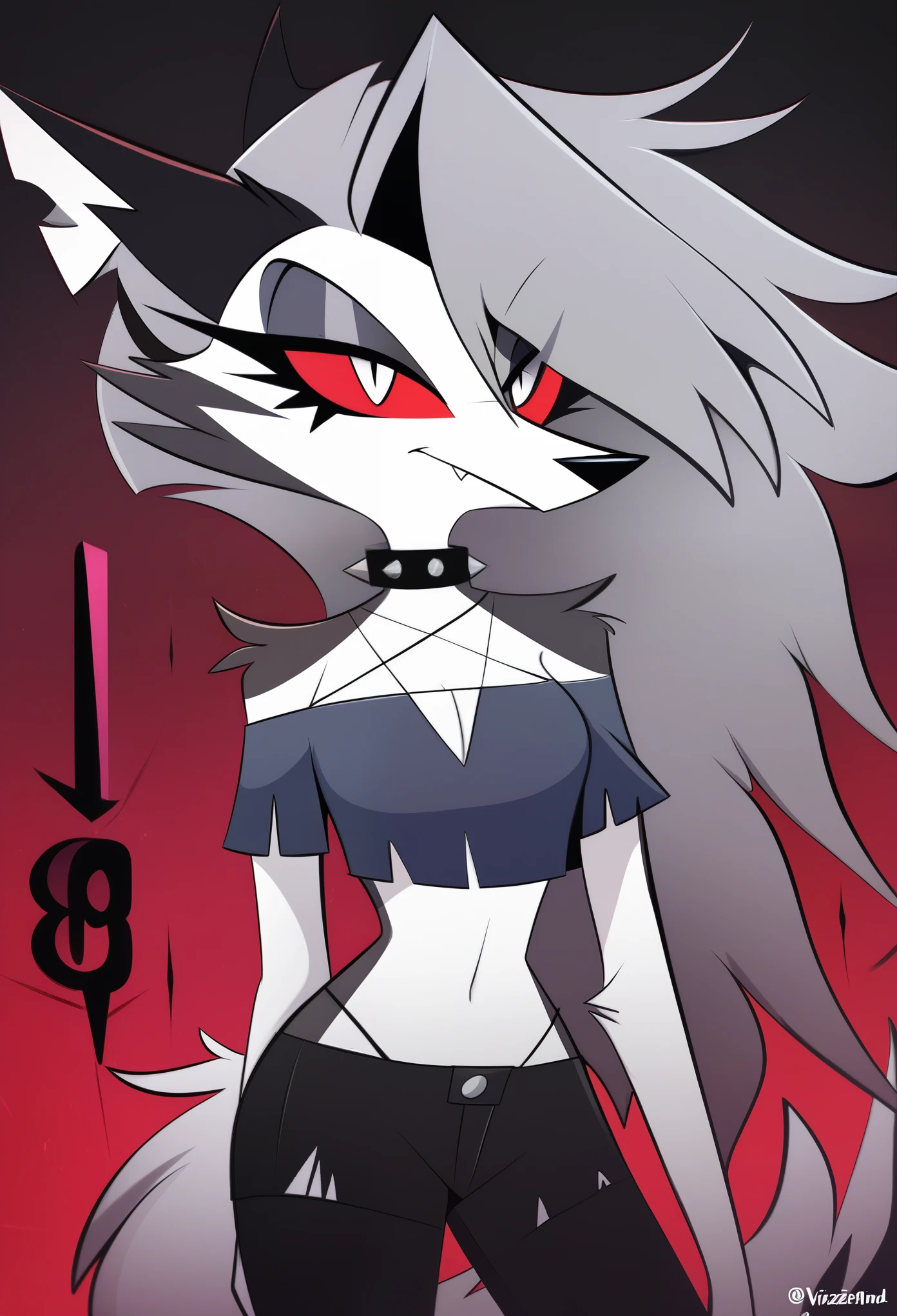 score_9, score_8_up, score_7_up,  (Vivziepop style), anthro, canid, canid demon, demon, female, hellhound, helluva boss, instagram, (loona), mammal, midriff, official art, red sclera, safe content, shoulderless shirt, solo, long grey hair, (by vivzmind)