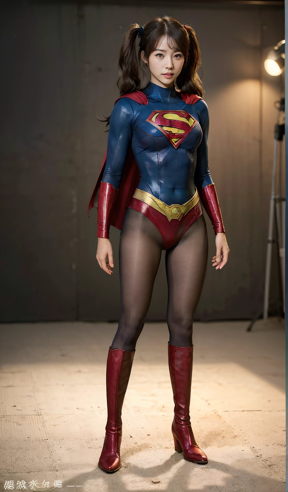 No background、(((Beautiful legs in black tights.)))、(((Legally express the beauty of your smile)))、((((Make the most of your original images)))、(((Supergirl Costume)))、(((Beautiful hair with twin tails)))、(((suffering)))、(((Please wear black tights....、Wear red boots)))、((Best image quality、8k))、((highest quality、8k、masterpiece:1.3))、(((Preserve background )))、Sharp focus:1.2、Beautiful woman with perfect figure:1.4、Slim Abs:1.2、Wet body:1.5、Highly detailed face and skin texture、8k