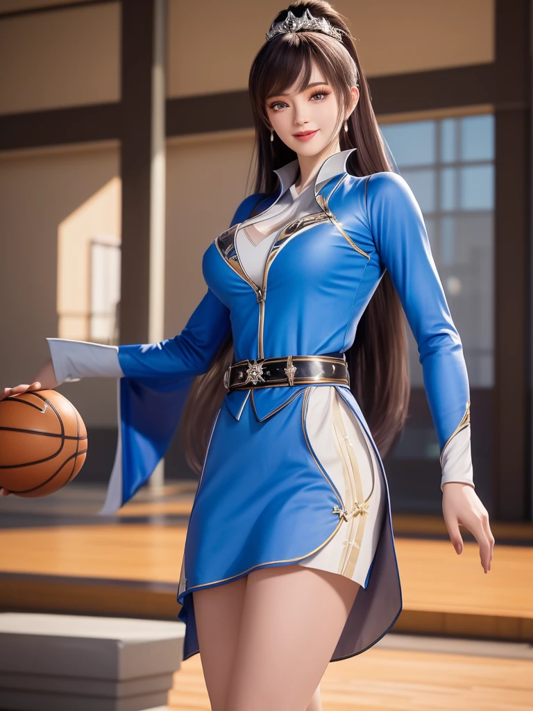 1 Girl, long hair, skirt,Hair accessories, city View, night, High Leg Raise, Boss,白skirt,Ponytail, Cowboy shooting, Long sleeve, belt,blue eyes,cosmetic,1 lady only, /(Basketball clothes/), Become a, /(Light brown hair/) Bangs, Friendly smile, (Masterpiece Best Quality:1.2) Exquisite illustrations with rich details, Big BreastsBREAK /(Civic Gymnasium/) indoors