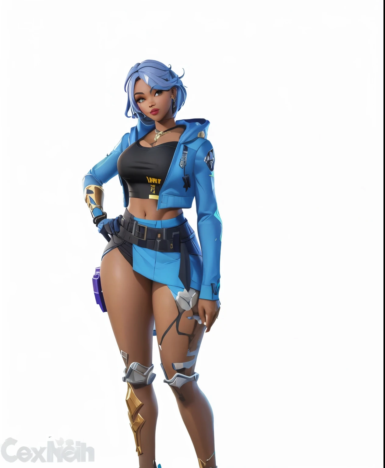 Personagem de fortnite com saia curta coxas grossas levemente mostrando a calcinha e seios grandes 