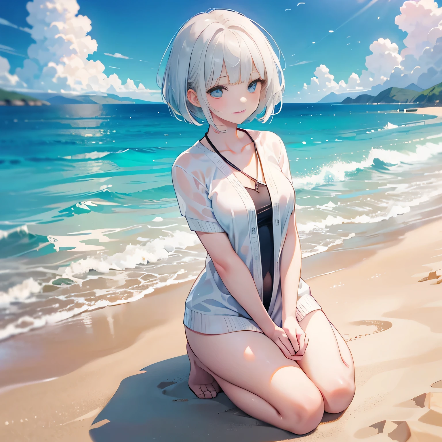 full body,high angle,from above,((both arms down)),(White elegant summer knit cardigan,one piece swimsuit),((1girl,cute,young,pixie cut beautiful silver blonde hair,blunt bangs,beautiful eyes)),(solo),((masterpiece, highest resolution,best quality)), (beautiful illustration),(looking at the viewer), innocent lovely smile,cinematic lighting,beautiful emerald green beach, white sand,waves,clouds,blue sky