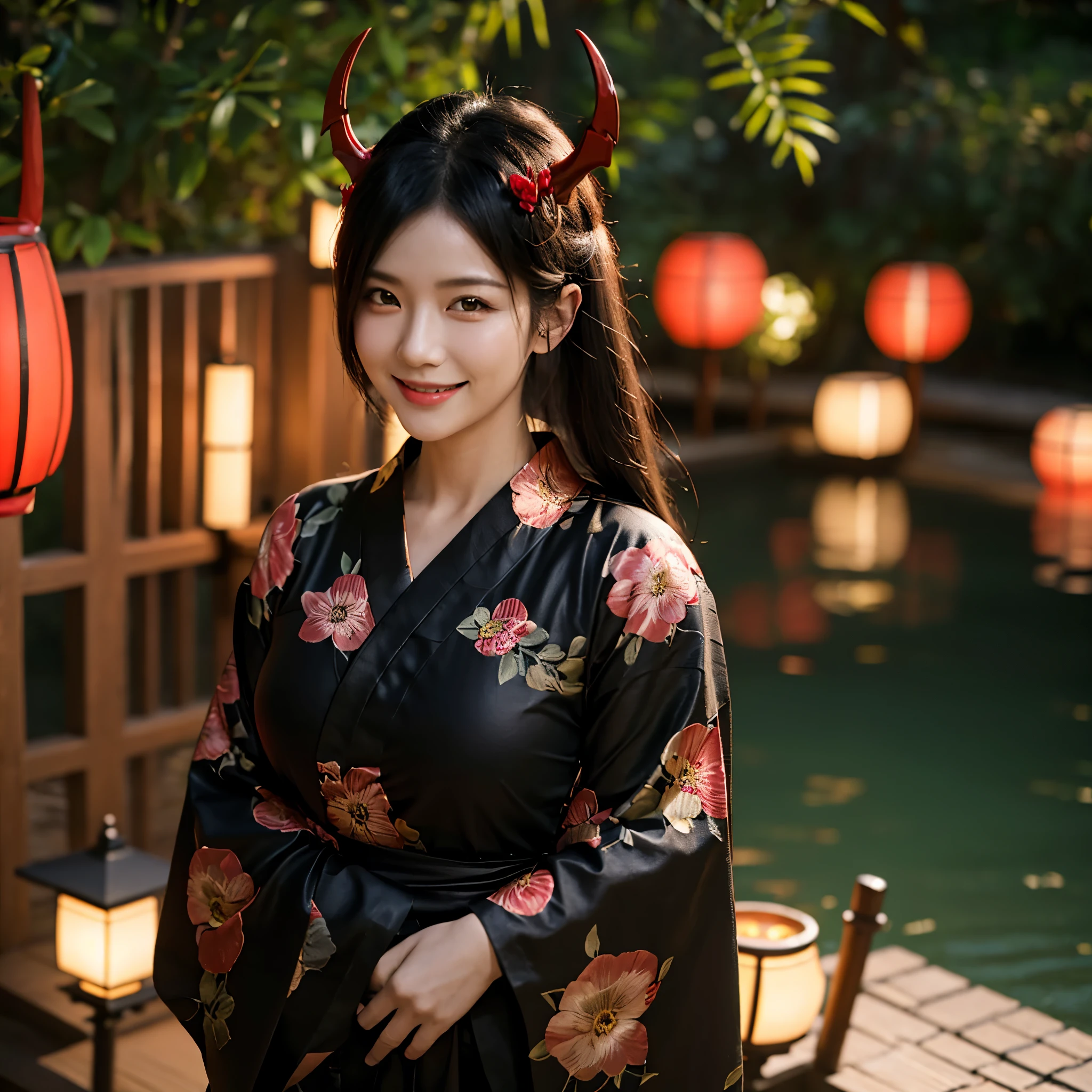 A woman mature wearing a black yukata with red details, with a red fur cape on her shoulders, red horns, big breasts, (perfect and well detailed yukata) yellow eyes, long black hair, smiling, walking in a Japanese garden during the day, (solo woman), glow, drop shadow, flower, UHD, masterpiece, accurate, anatomically correct, textured skin, super detail, high quality, best quality, 8k, high resolution, bokeh effect.
