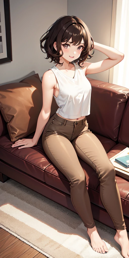 College girl, short hair, wavy hair, brown hair, cool face, glossy lips, hazel eyes, playful smile, sleeveless clothes, brown pants, sitting on sofa, medium breasts, looking at viewer, living room background