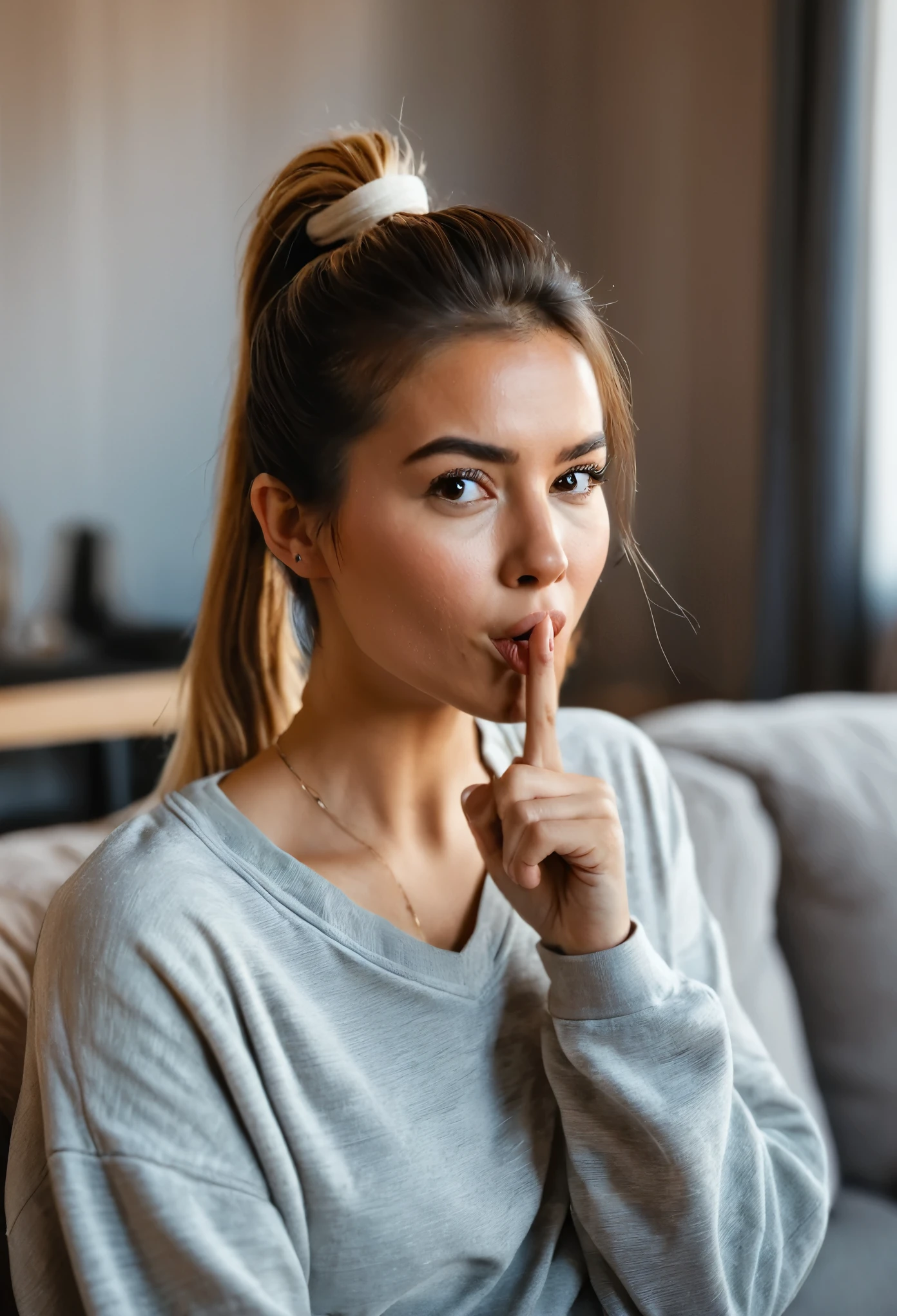 young woman with messy ponytail, her index finger over her lips in the sssshh gesture over her mouth, hush, she's looking direct to us, in a comfortable living room, warm light, happy woman, playful, she's wearing casual loungewear