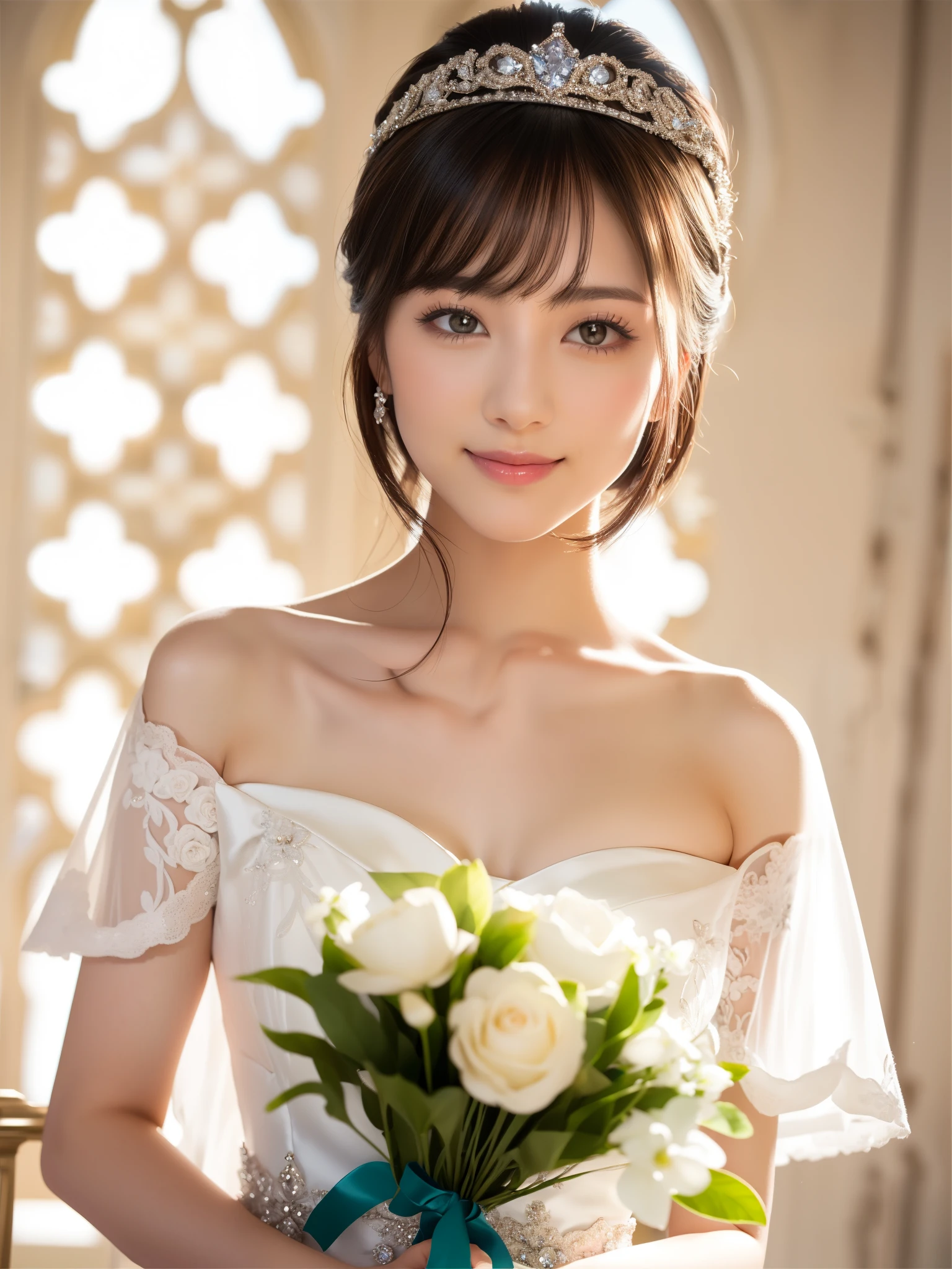 (Best quality: 1.5), (Realistic: 1.5), (1 person: 1.5), (Medium Shot: 1.5), Very detailed, high resolution, 8k, medium breasts, natural color lips, cute smile, Japanese woman, 20-year-old girl, beautiful and elegant face, perfect and beautiful face, big eyes with good left and right balance, brunette eyes, beautiful and elegant face, beautiful double eyelids, natural bangs, beautiful thin nose, Beautiful skin, fair skin, (medium bob hair), natural bangs, perfect and beautiful face, slim face and figure, (looking at the camera with a sweet smile), bright lighting, professional lighting, forward lighting, princess line wedding dress, Wearing the finest tiara (wearing a pure white off-shoulder mermaid line wedding dress), a church with beautiful stained glass,  holding a bouquet,