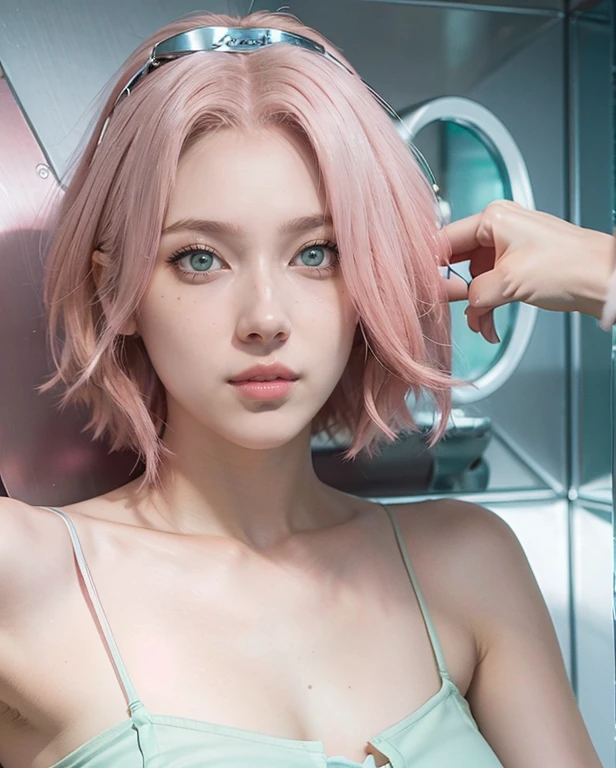 young woman, short shoulder-length pink hair, wide forehead, porcelain skin, pink eyebrows, big emerald green eyes, buttoned nose, full lips, heart-shaped face, slender body, small breasts, red tank top, Sakura Haruno , realistic, realism, details, 3d, well detailed